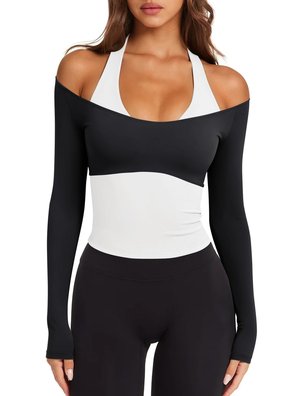 Womens Colorblock Padded Long Sleeve Workout Tops Pilates Yoga Gym | Off the Shoulder,Built in Bra,V Neck,Racerback,Layered,Two-in-One Piece,Athletic Activewear Ballet Top,Cute Going Out Tops