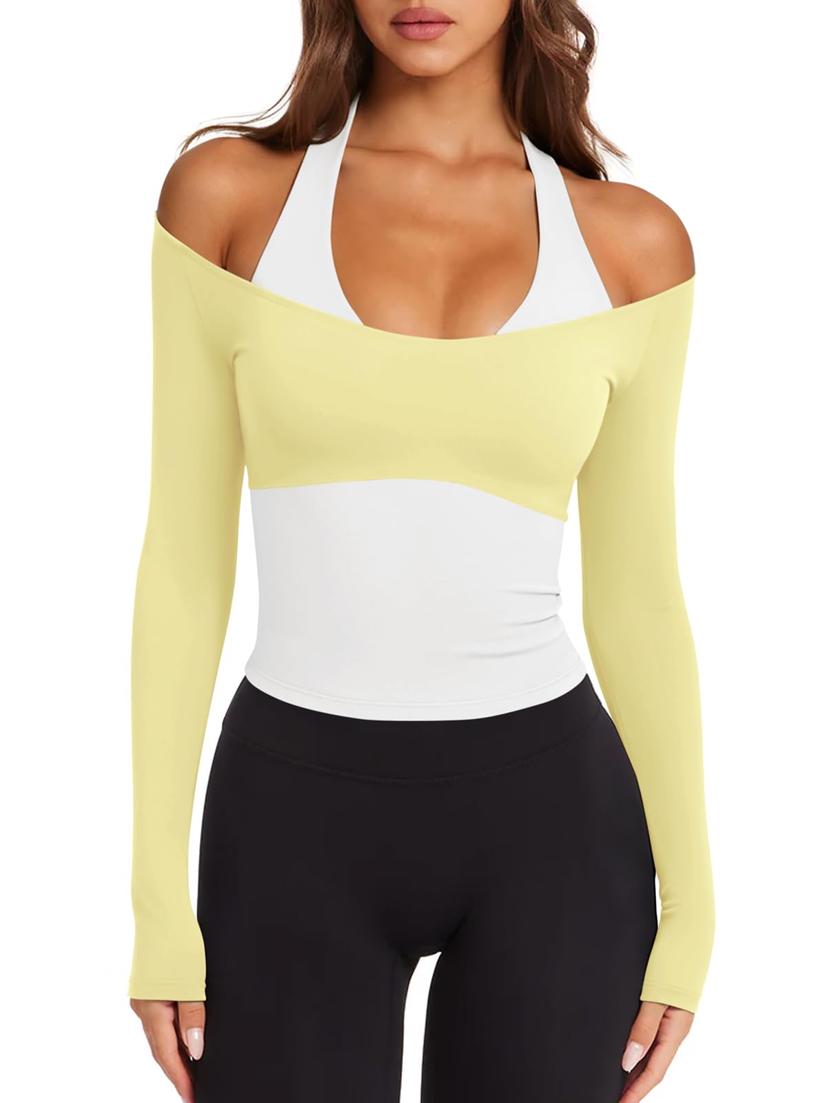 Womens Colorblock Padded Long Sleeve Workout Tops Pilates Yoga Gym | Off the Shoulder,Built in Bra,V Neck,Racerback,Layered,Two-in-One Piece,Athletic Activewear Ballet Top,Cute Going Out Tops