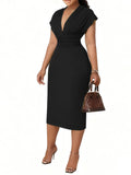 Women's Bodycon Midi Dress Deep V-Neck Cap Sleeve Ruched High Waist Stretchy Dresses for Date Nights, Parties & Work