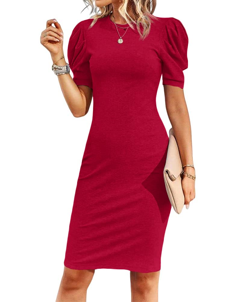 Women's Casual Work Dresses Puff Sleeve Bodycon Business Outfit | Crew Neck,Midi Length,Office Pencil Dress,Lightweight,Stretchy Fabric,Short Puffy Sleeve,Versatile Solid Color