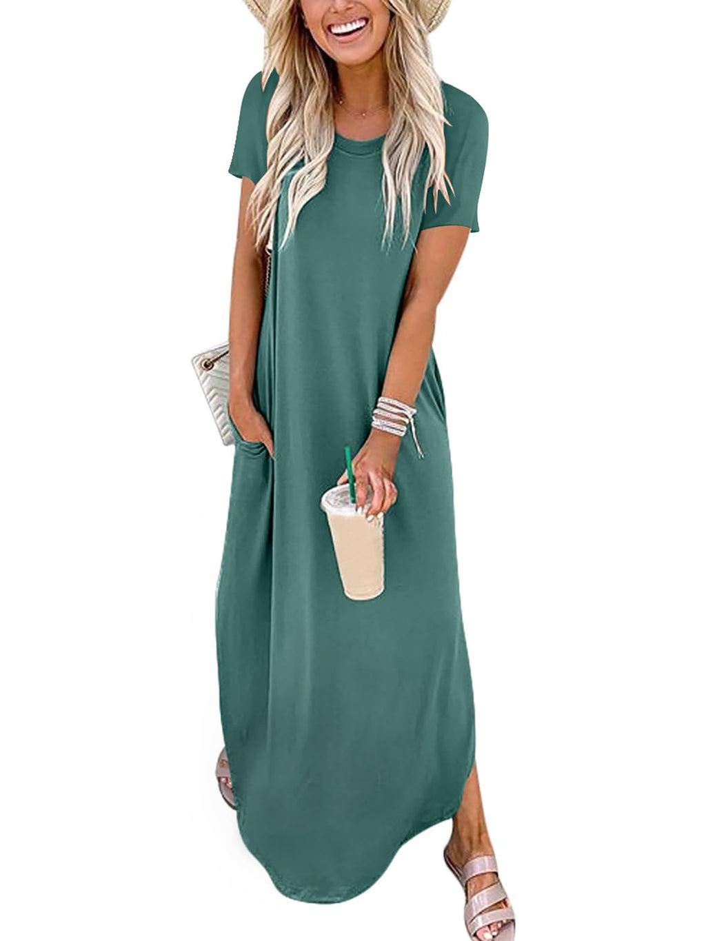 Womens Summer Maxi Dress Short Sleeve Casual Loose Long T Shirt Dresses Split Vacation Beach Sundress Travel Outfits