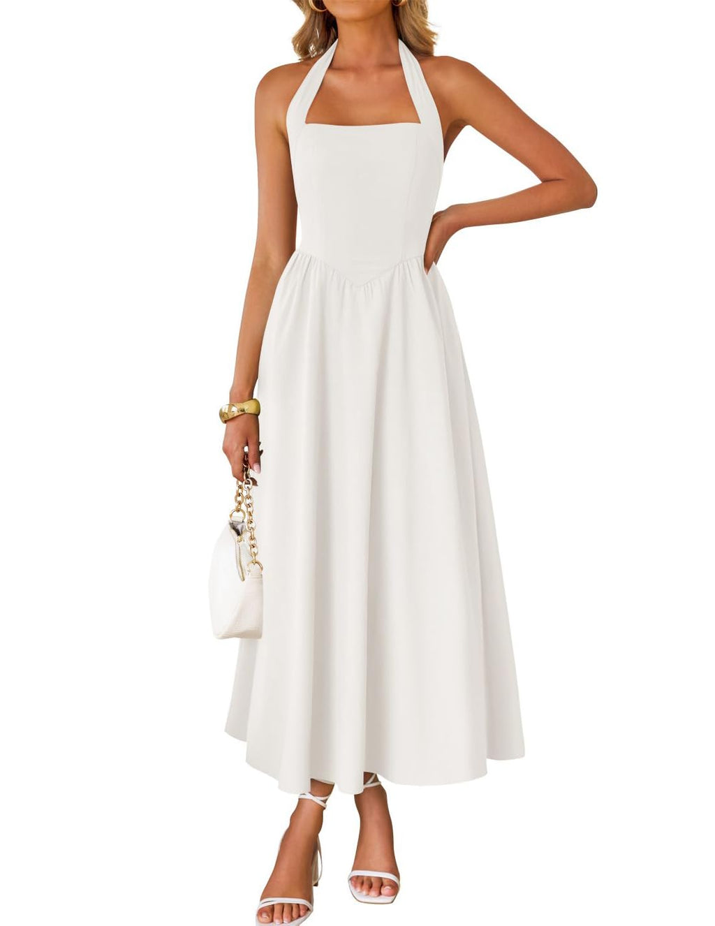 Women's Summer Sleeveless Halter Wedding Guest Maxi Dress | Off Shoulder, High Waist, Flowy A Line, Formal, Cocktail Party, Vacation Graduation, Bridal Shower, Beach, Long Sundresses