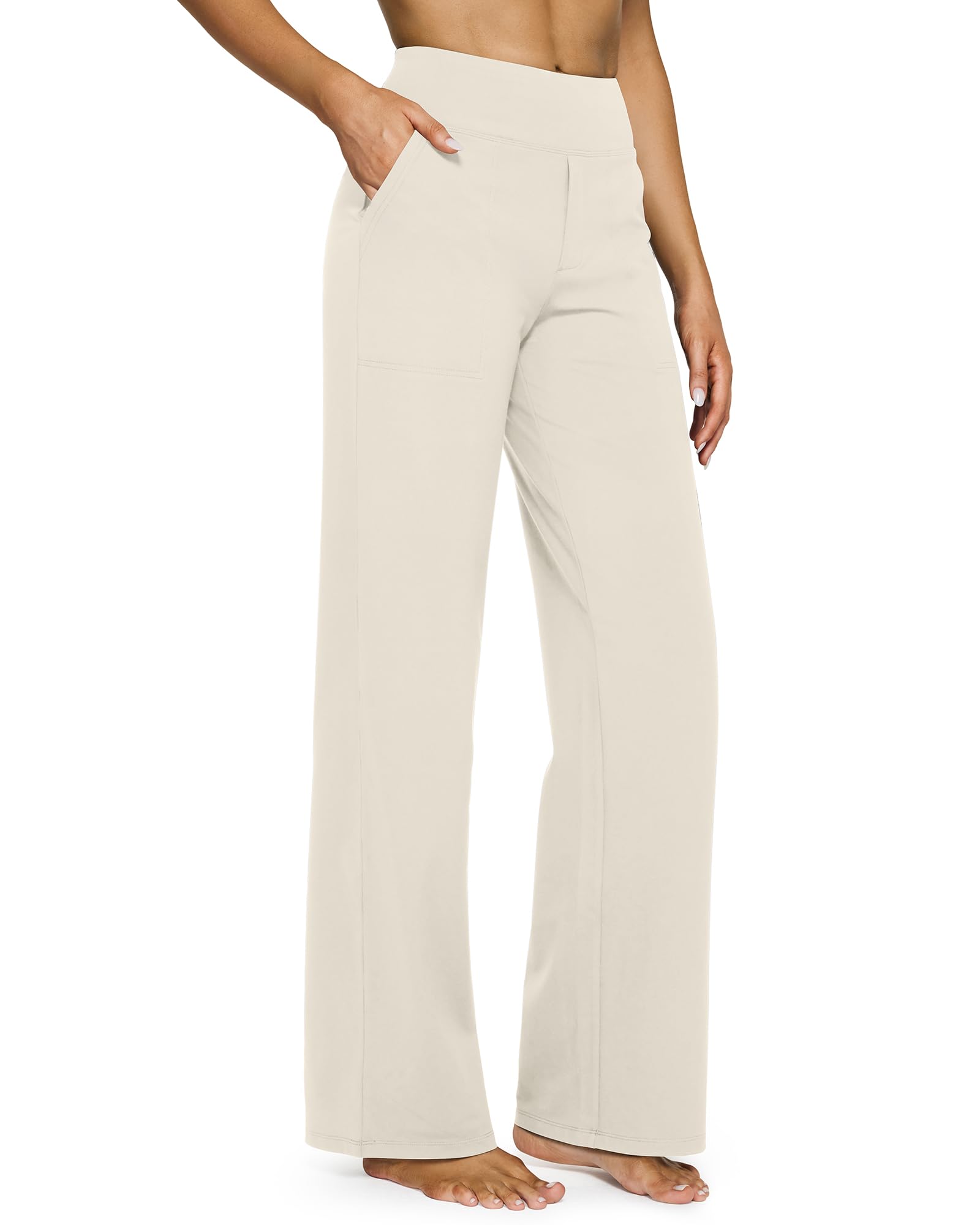 Yoga Pants for Women Wide Leg Pants with Pockets High Waisted | Moisture Wicking, Soft Comfortable Feel, 4-Way Stretch, Faux Fly, Faux Back Pockets, Yoga, Work & Casual Wear