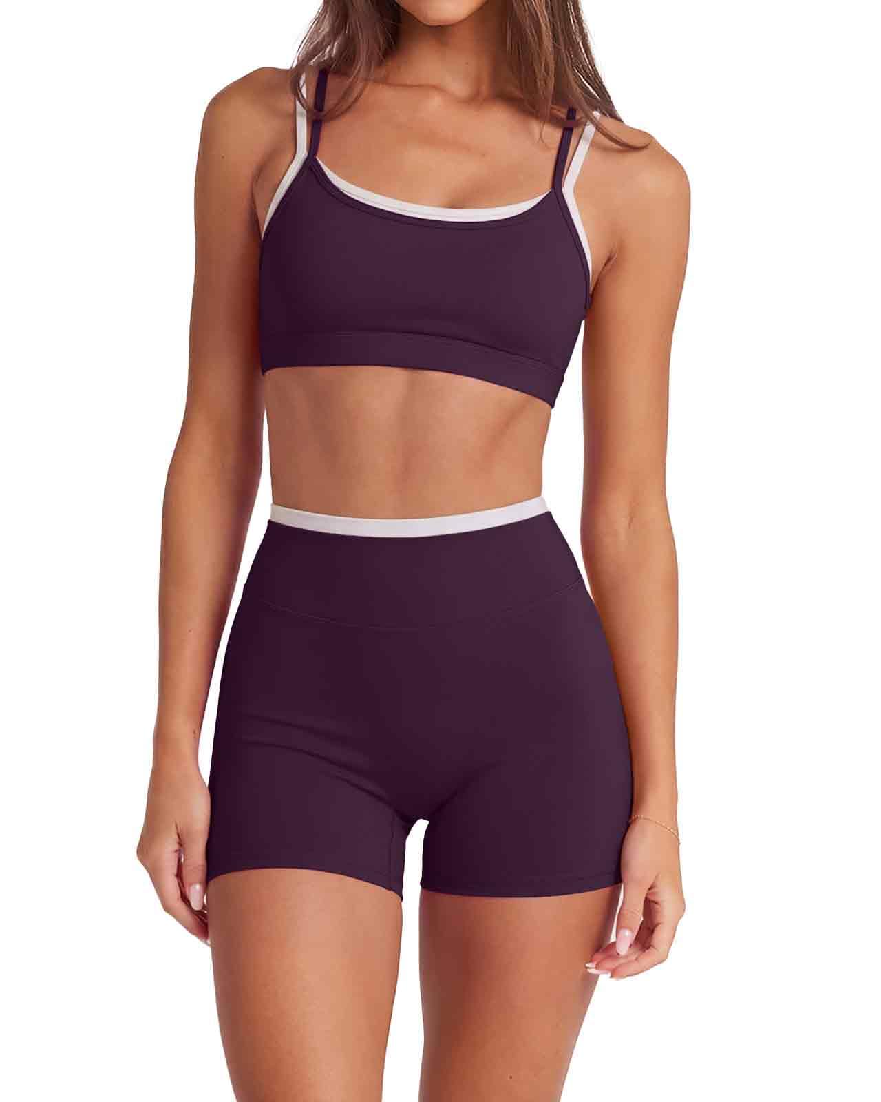 2 Piece Workout Sets Layered Sports Bra Yoga Gym Biker Shorts