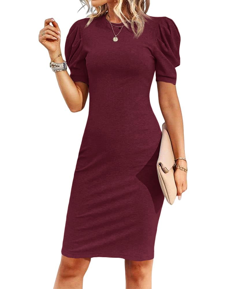 Women's Casual Work Dresses Puff Sleeve Bodycon Business Outfit | Crew Neck,Midi Length,Office Pencil Dress,Lightweight,Stretchy Fabric,Short Puffy Sleeve,Versatile Solid Color