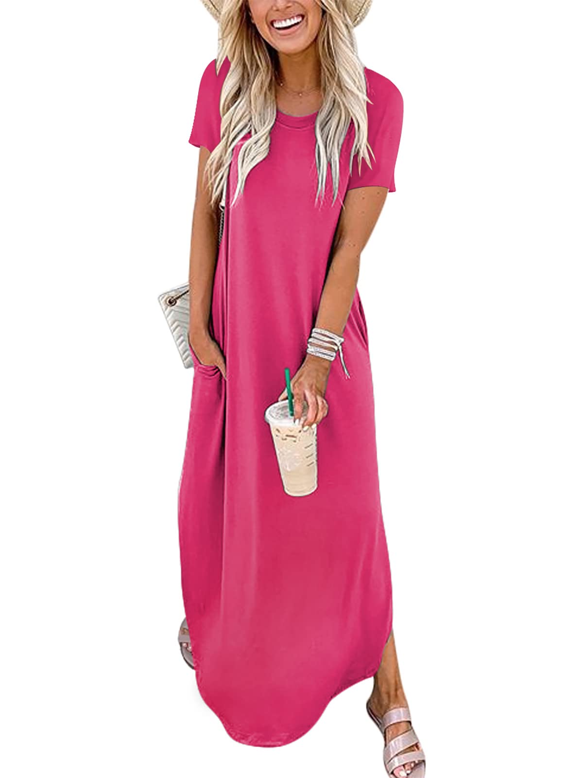 Womens Summer Maxi Dress Short Sleeve Casual Loose Long T Shirt Dresses Split Vacation Beach Sundress Travel Outfits