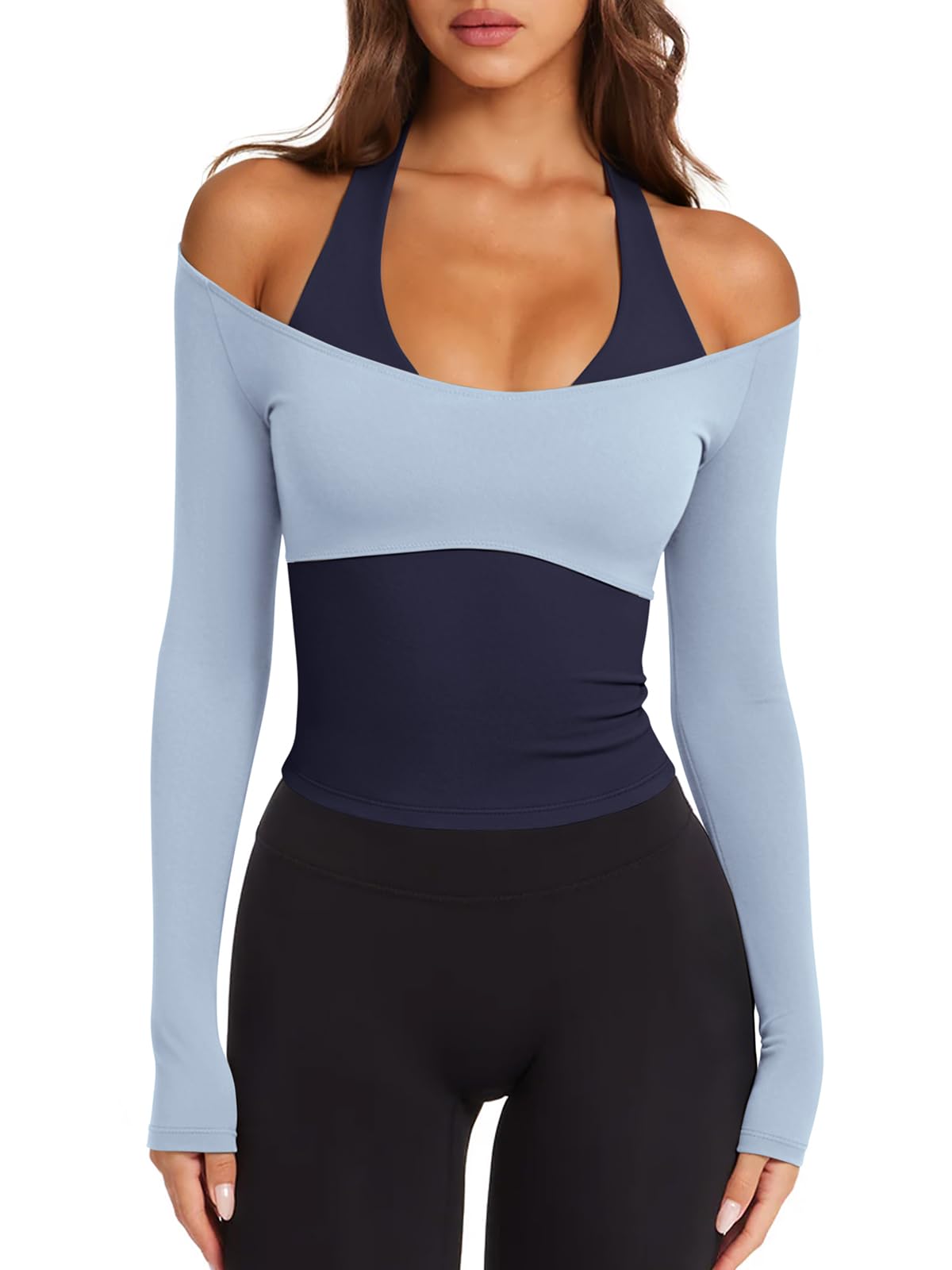 Womens Colorblock Padded Long Sleeve Workout Tops Pilates Yoga Gym | Off the Shoulder,Built in Bra,V Neck,Racerback,Layered,Two-in-One Piece,Athletic Activewear Ballet Top,Cute Going Out Tops