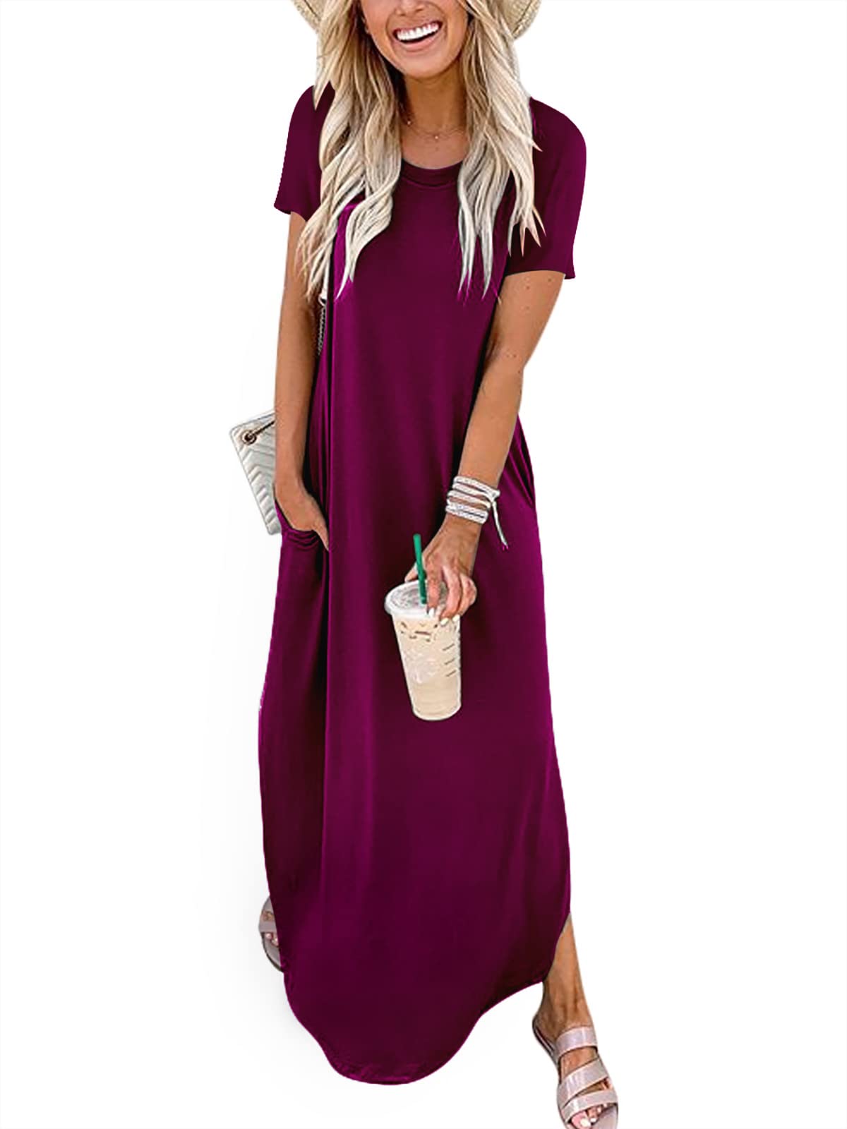 Womens Summer Maxi Dress Short Sleeve Casual Loose Long T Shirt Dresses Split Vacation Beach Sundress Travel Outfits