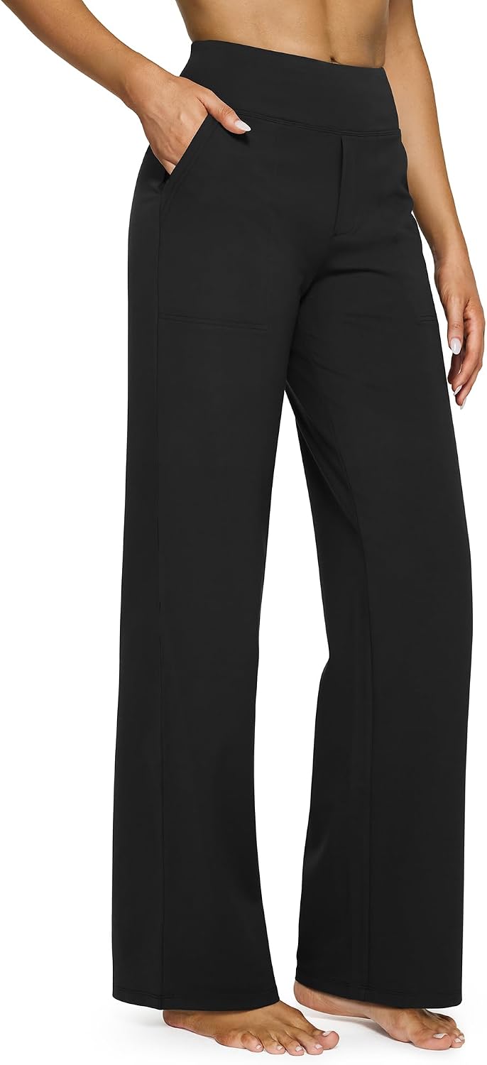 Yoga Pants for Women Wide Leg Pants with Pockets High Waisted | Moisture Wicking, Soft Comfortable Feel, 4-Way Stretch, Faux Fly, Faux Back Pockets, Yoga, Work & Casual Wear