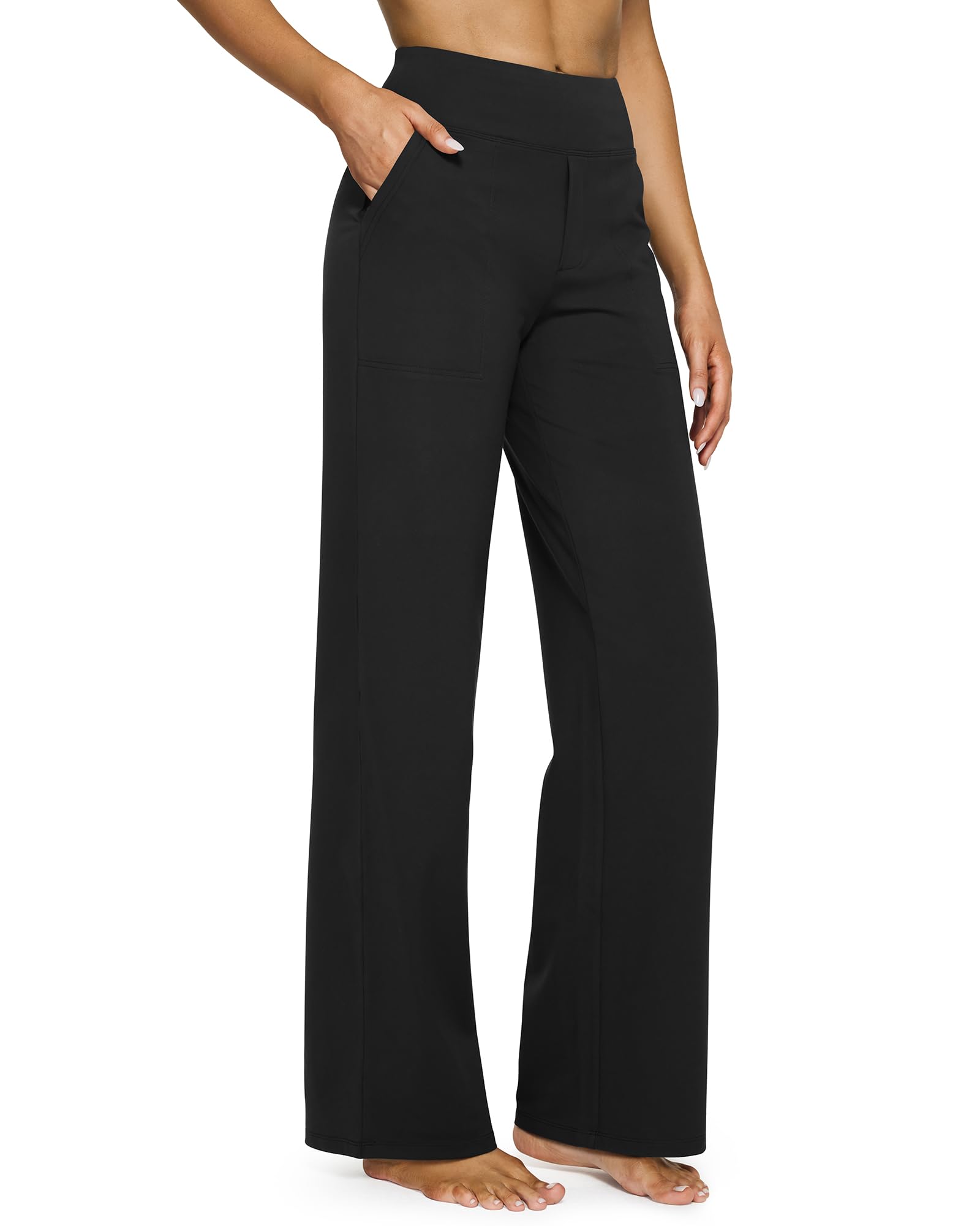 Yoga Pants for Women Wide Leg Pants with Pockets High Waisted | Moisture Wicking, Soft Comfortable Feel, 4-Way Stretch, Faux Fly, Faux Back Pockets, Yoga, Work & Casual Wear