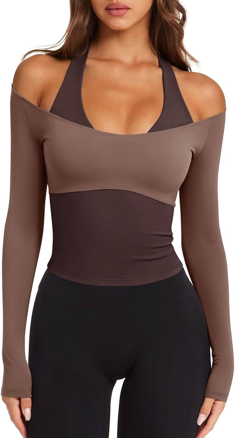 Womens Colorblock Padded Long Sleeve Workout Tops Pilates Yoga Gym | Off the Shoulder,Built in Bra,V Neck,Racerback,Layered,Two-in-One Piece,Athletic Activewear Ballet Top,Cute Going Out Tops
