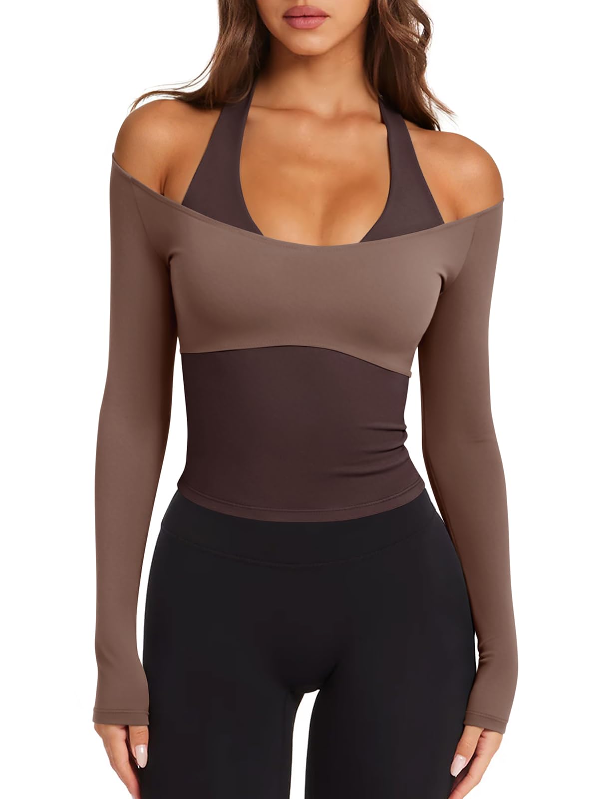 Womens Colorblock Padded Long Sleeve Workout Tops Pilates Yoga Gym | Off the Shoulder,Built in Bra,V Neck,Racerback,Layered,Two-in-One Piece,Athletic Activewear Ballet Top,Cute Going Out Tops