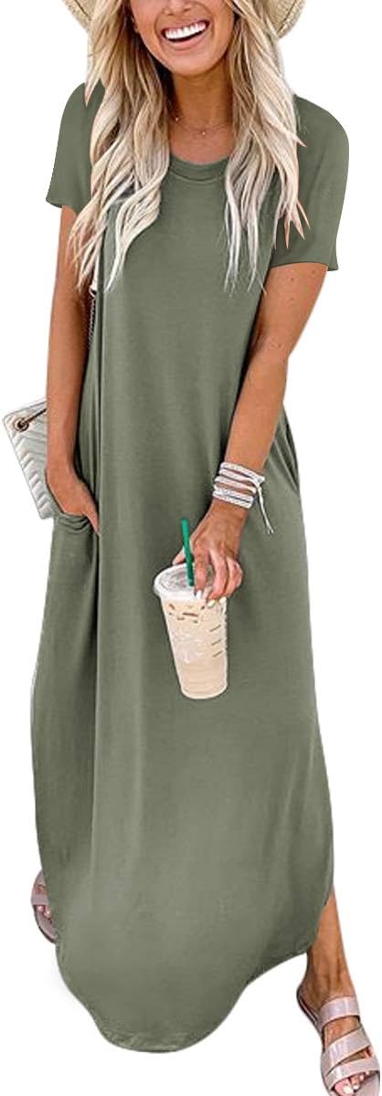 Womens Summer Maxi Dress Short Sleeve Casual Loose Long T Shirt Dresses Split Vacation Beach Sundress Travel Outfits