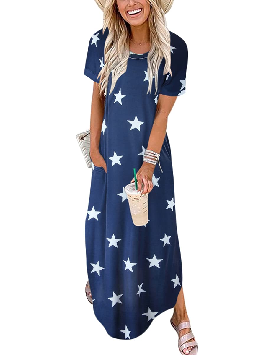 Womens Summer Maxi Dress Short Sleeve Casual Loose Long T Shirt Dresses Split Vacation Beach Sundress Travel Outfits