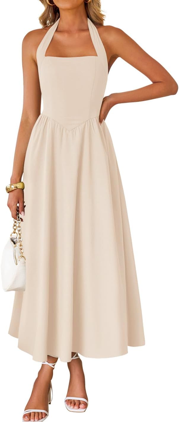 Women's Summer Sleeveless Halter Wedding Guest Maxi Dress | Off Shoulder, High Waist, Flowy A Line, Formal, Cocktail Party, Vacation Graduation, Bridal Shower, Beach, Long Sundresses