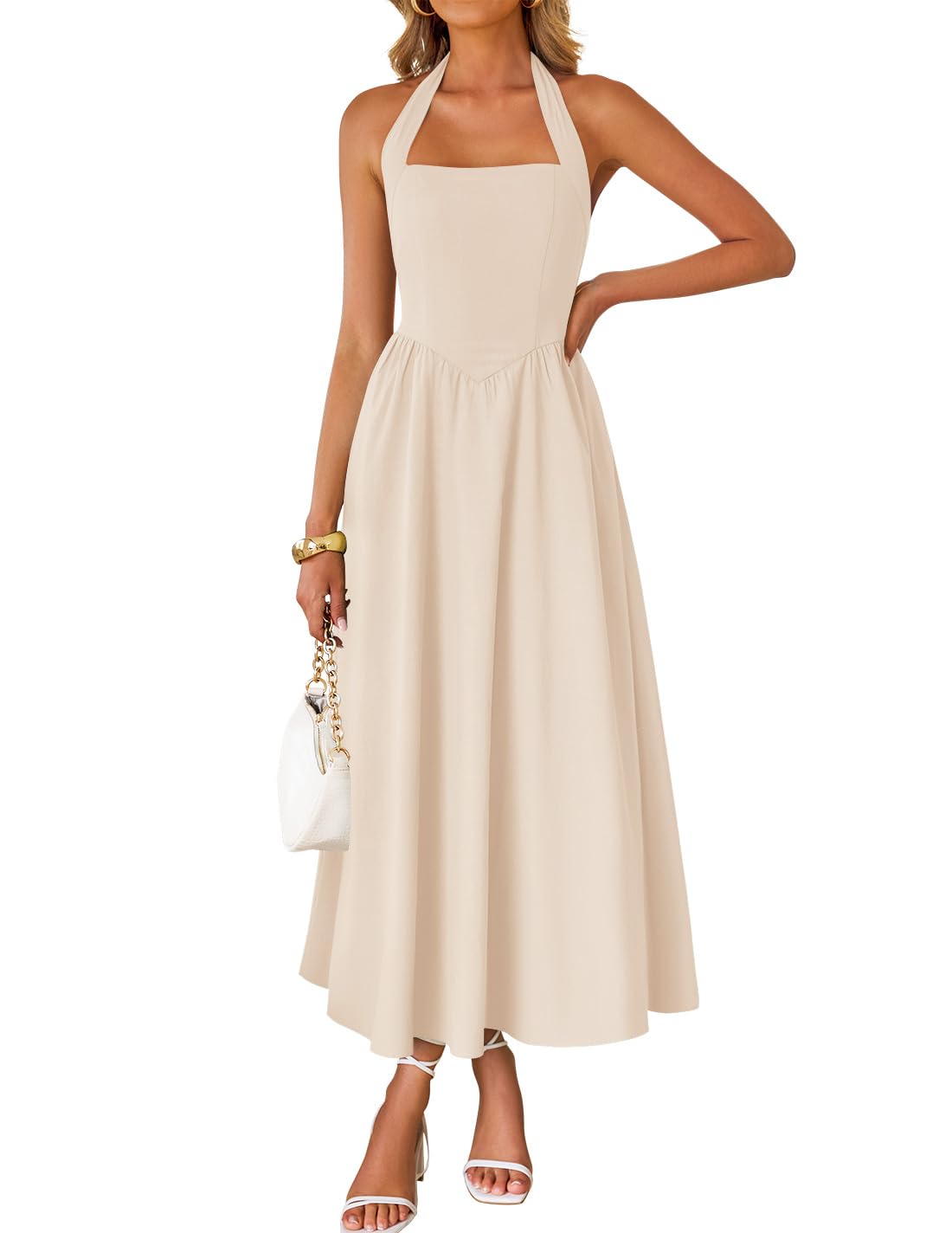 Women's Summer Sleeveless Halter Wedding Guest Maxi Dress | Off Shoulder, High Waist, Flowy A Line, Formal, Cocktail Party, Vacation Graduation, Bridal Shower, Beach, Long Sundresses