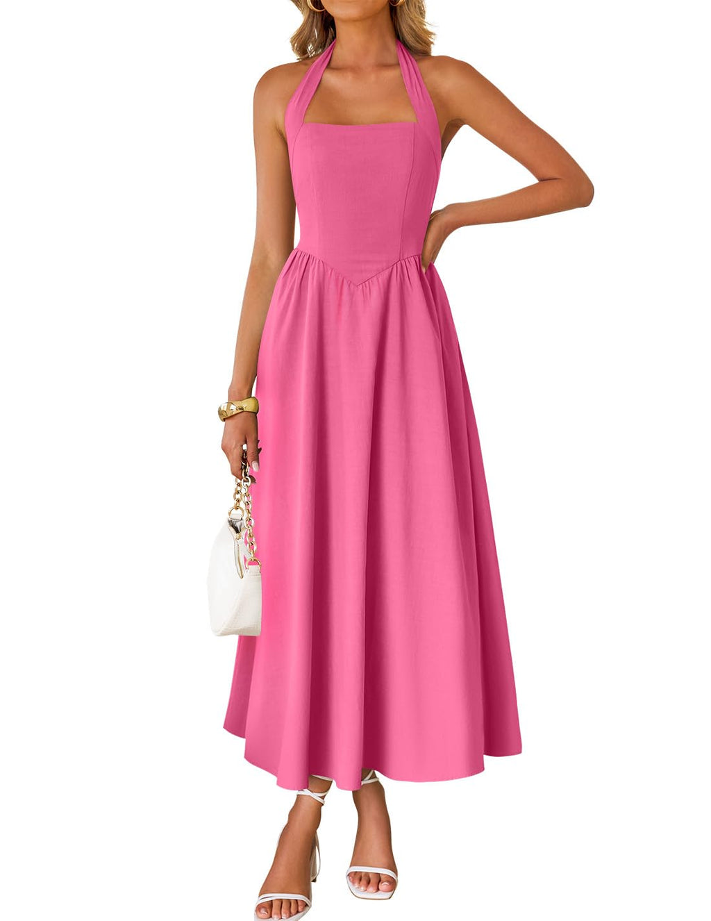Women's Summer Sleeveless Halter Wedding Guest Maxi Dress | Off Shoulder, High Waist, Flowy A Line, Formal, Cocktail Party, Vacation Graduation, Bridal Shower, Beach, Long Sundresses