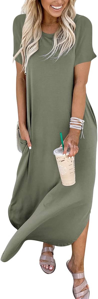 Womens Summer Maxi Dress Short Sleeve Casual Loose Long T Shirt Dresses Split Vacation Beach Sundress Travel Outfits