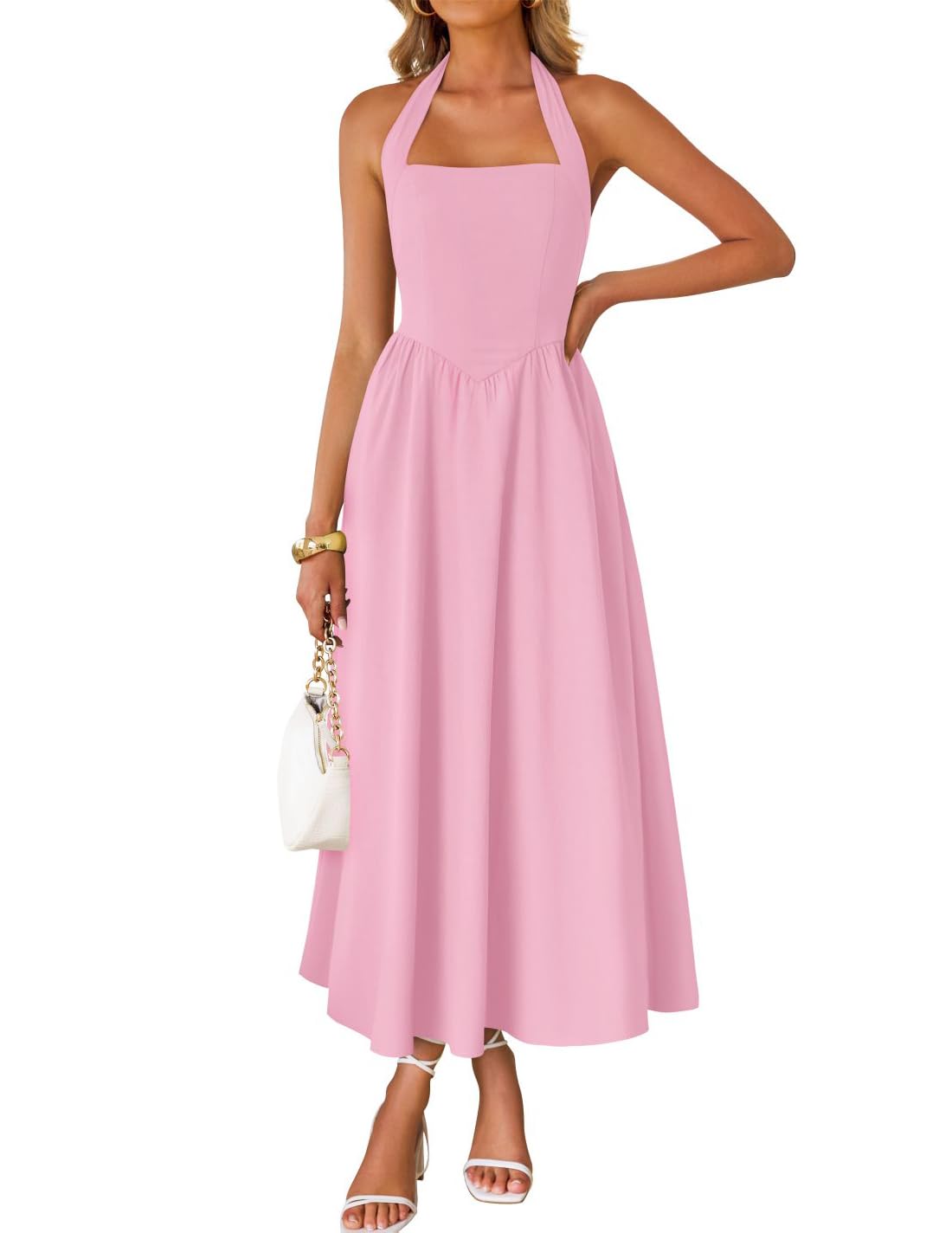 Women's Summer Sleeveless Halter Wedding Guest Maxi Dress | Off Shoulder, High Waist, Flowy A Line, Formal, Cocktail Party, Vacation Graduation, Bridal Shower, Beach, Long Sundresses