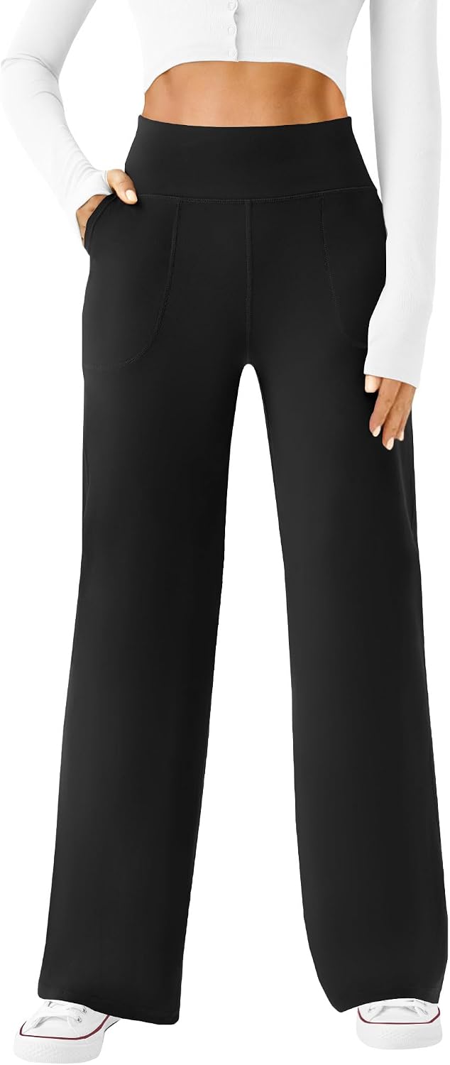 Womens Wide Leg Yoga Pants High Waist Casual Trousers with Pockets | Soft Stretchy Fabric, Two Pockets, Straight leg, Loose Dress Pants, Comfy Lounge Sweatpants for Yoga, Work, Travel, Workout