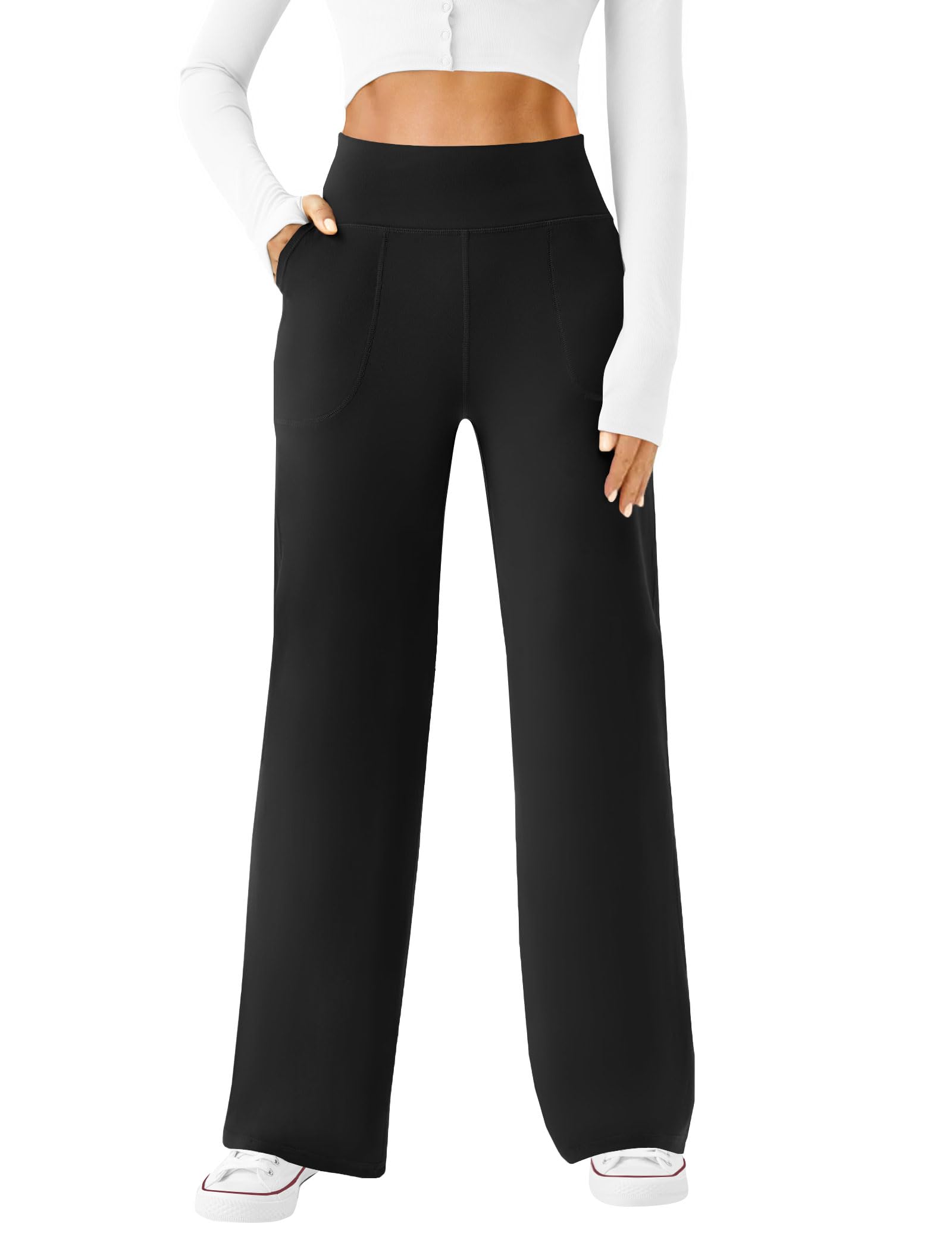 Womens Wide Leg Yoga Pants High Waist Casual Trousers with Pockets | Soft Stretchy Fabric, Two Pockets, Straight leg, Loose Dress Pants, Comfy Lounge Sweatpants for Yoga, Work, Travel, Workout