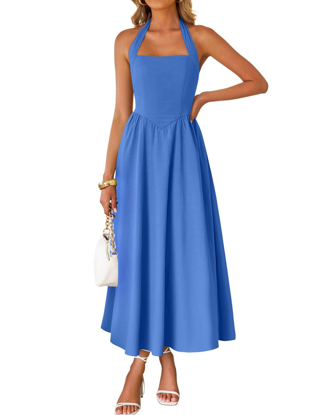 Women's Summer Sleeveless Halter Wedding Guest Maxi Dress | Off Shoulder, High Waist, Flowy A Line, Formal, Cocktail Party, Vacation Graduation, Bridal Shower, Beach, Long Sundresses