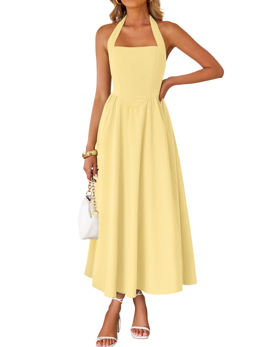 Women's Summer Sleeveless Halter Wedding Guest Maxi Dress | Off Shoulder, High Waist, Flowy A Line, Formal, Cocktail Party, Vacation Graduation, Bridal Shower, Beach, Long Sundresses