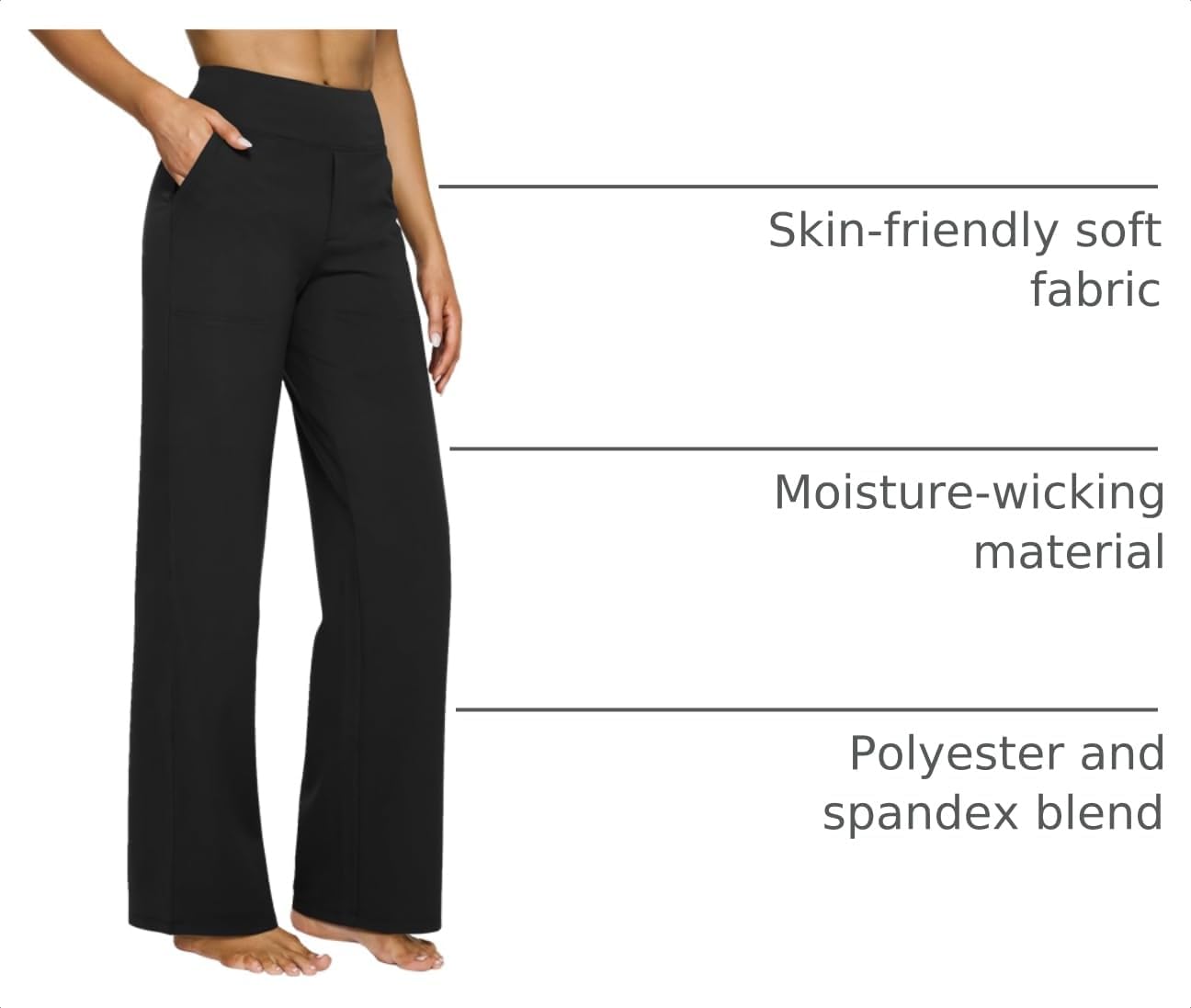 Yoga Pants for Women Wide Leg Pants with Pockets High Waisted | Moisture Wicking, Soft Comfortable Feel, 4-Way Stretch, Faux Fly, Faux Back Pockets, Yoga, Work & Casual Wear