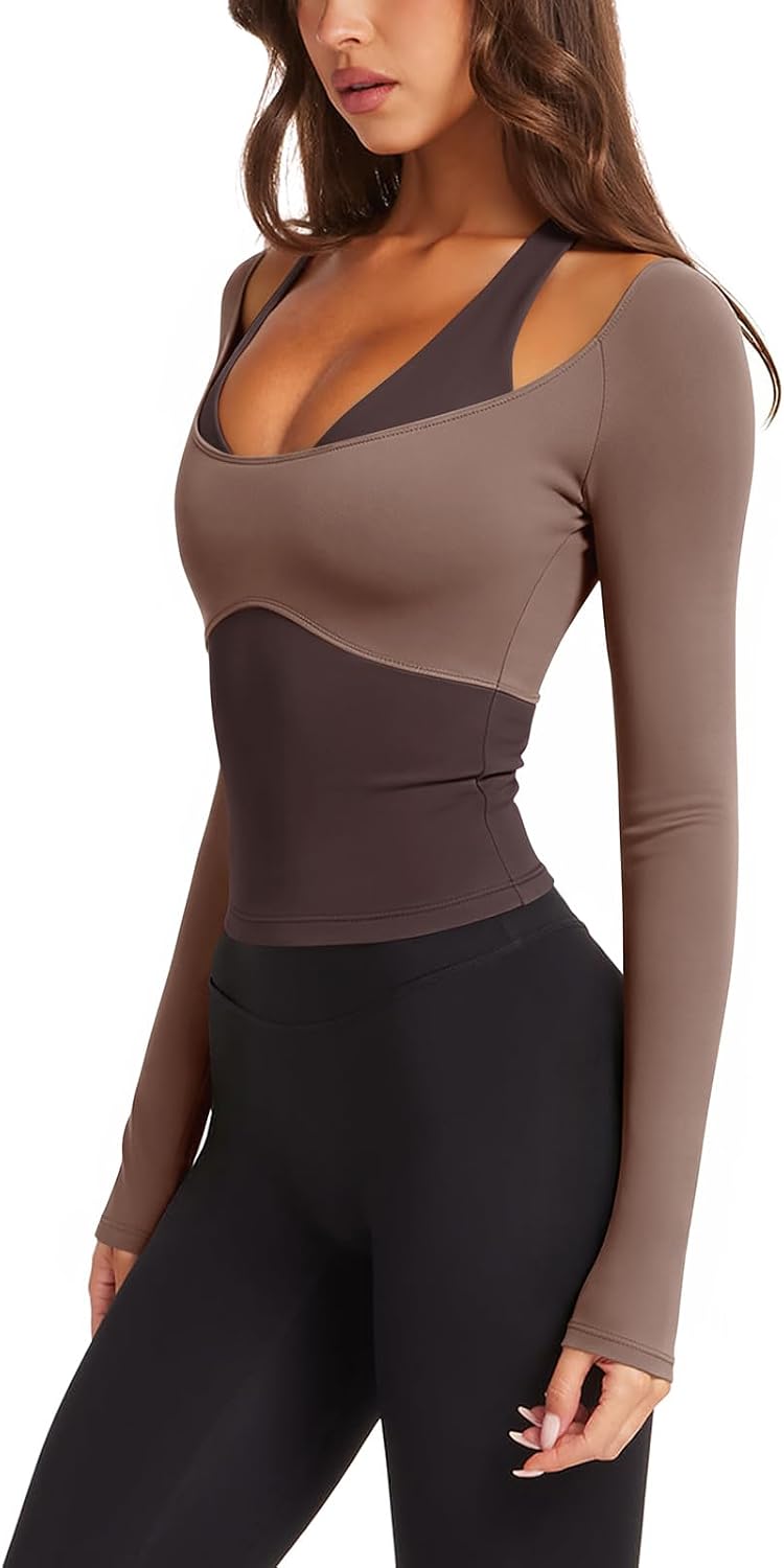 Womens Colorblock Padded Long Sleeve Workout Tops Pilates Yoga Gym | Off the Shoulder,Built in Bra,V Neck,Racerback,Layered,Two-in-One Piece,Athletic Activewear Ballet Top,Cute Going Out Tops