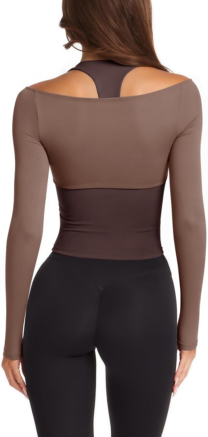 Womens Colorblock Padded Long Sleeve Workout Tops Pilates Yoga Gym | Off the Shoulder,Built in Bra,V Neck,Racerback,Layered,Two-in-One Piece,Athletic Activewear Ballet Top,Cute Going Out Tops