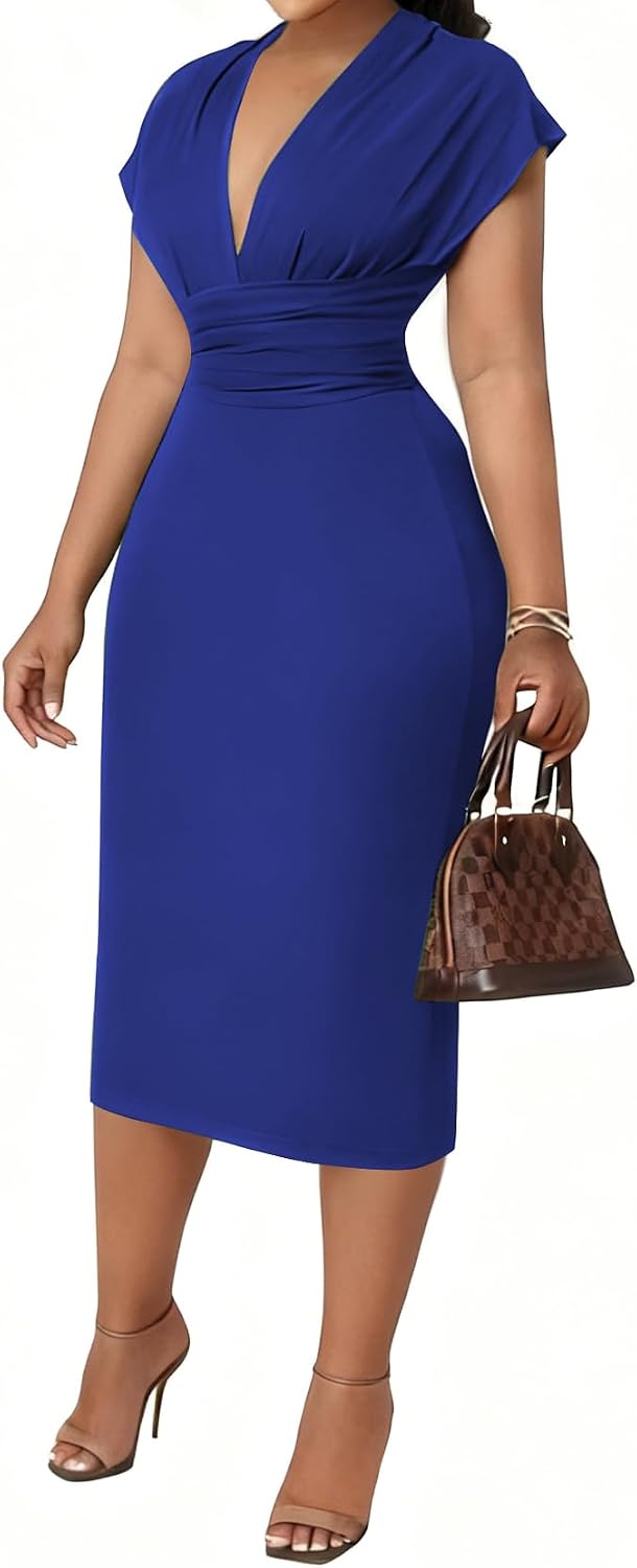 Women's Bodycon Midi Dress Deep V-Neck Cap Sleeve Ruched High Waist Stretchy Dresses for Date Nights, Parties & Work
