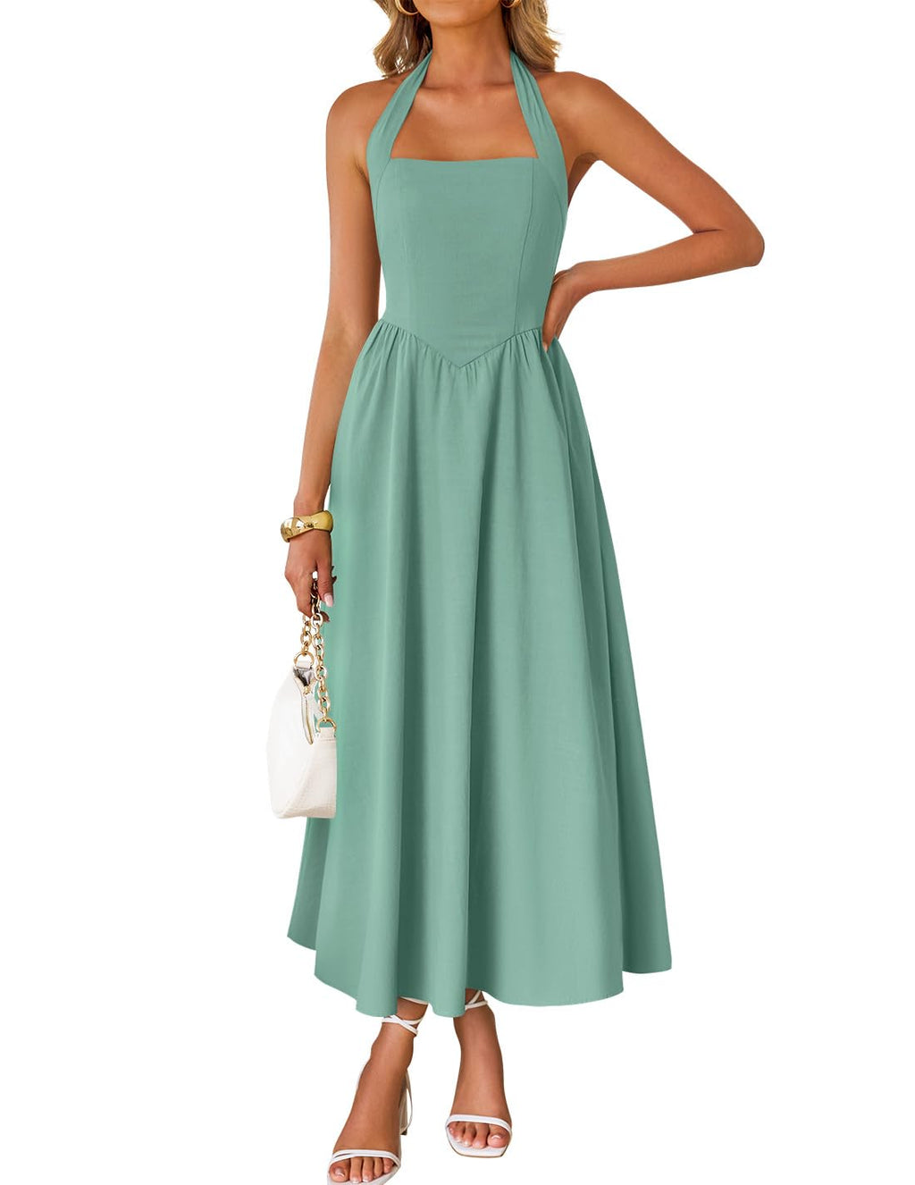 Women's Summer Sleeveless Halter Wedding Guest Maxi Dress | Off Shoulder, High Waist, Flowy A Line, Formal, Cocktail Party, Vacation Graduation, Bridal Shower, Beach, Long Sundresses