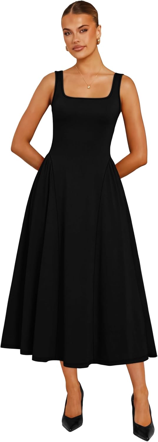 Summer Dresses for Women Square Neck Corset A Line Maxi Dress Ruffle Ruched Waist Flowy Outfits