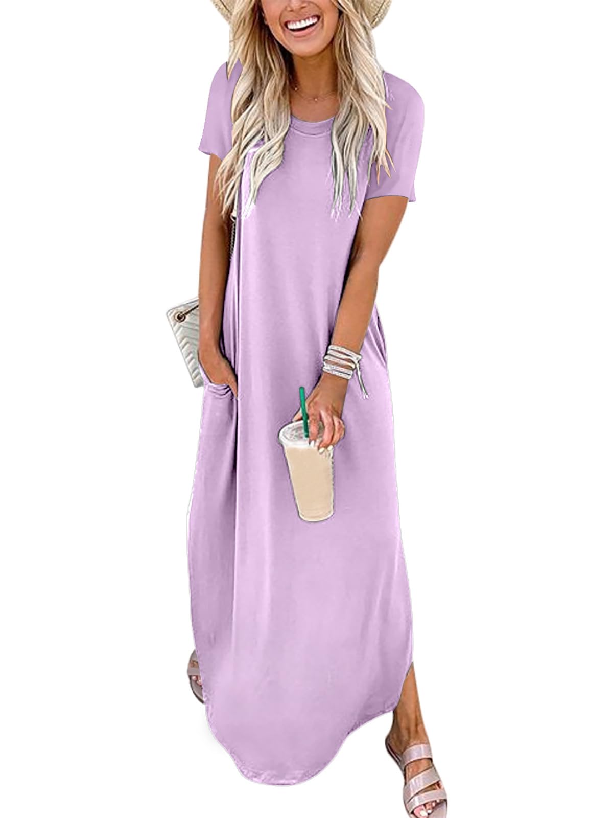 Womens Summer Maxi Dress Short Sleeve Casual Loose Long T Shirt Dresses Split Vacation Beach Sundress Travel Outfits