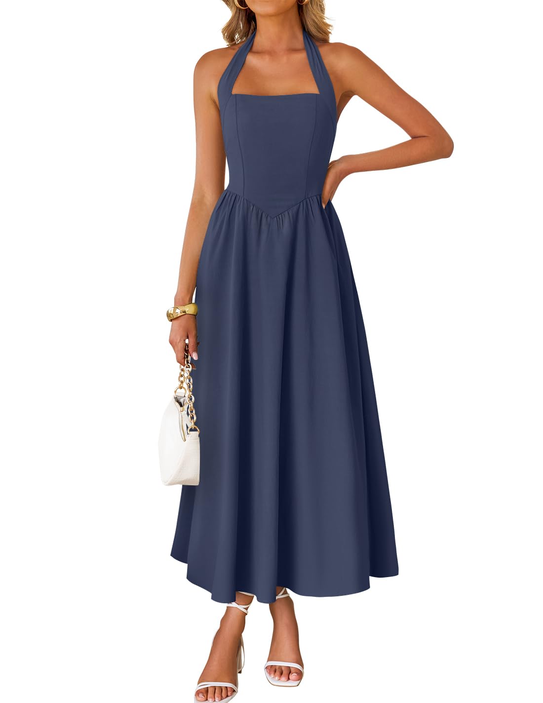 Women's Summer Sleeveless Halter Wedding Guest Maxi Dress | Off Shoulder, High Waist, Flowy A Line, Formal, Cocktail Party, Vacation Graduation, Bridal Shower, Beach, Long Sundresses