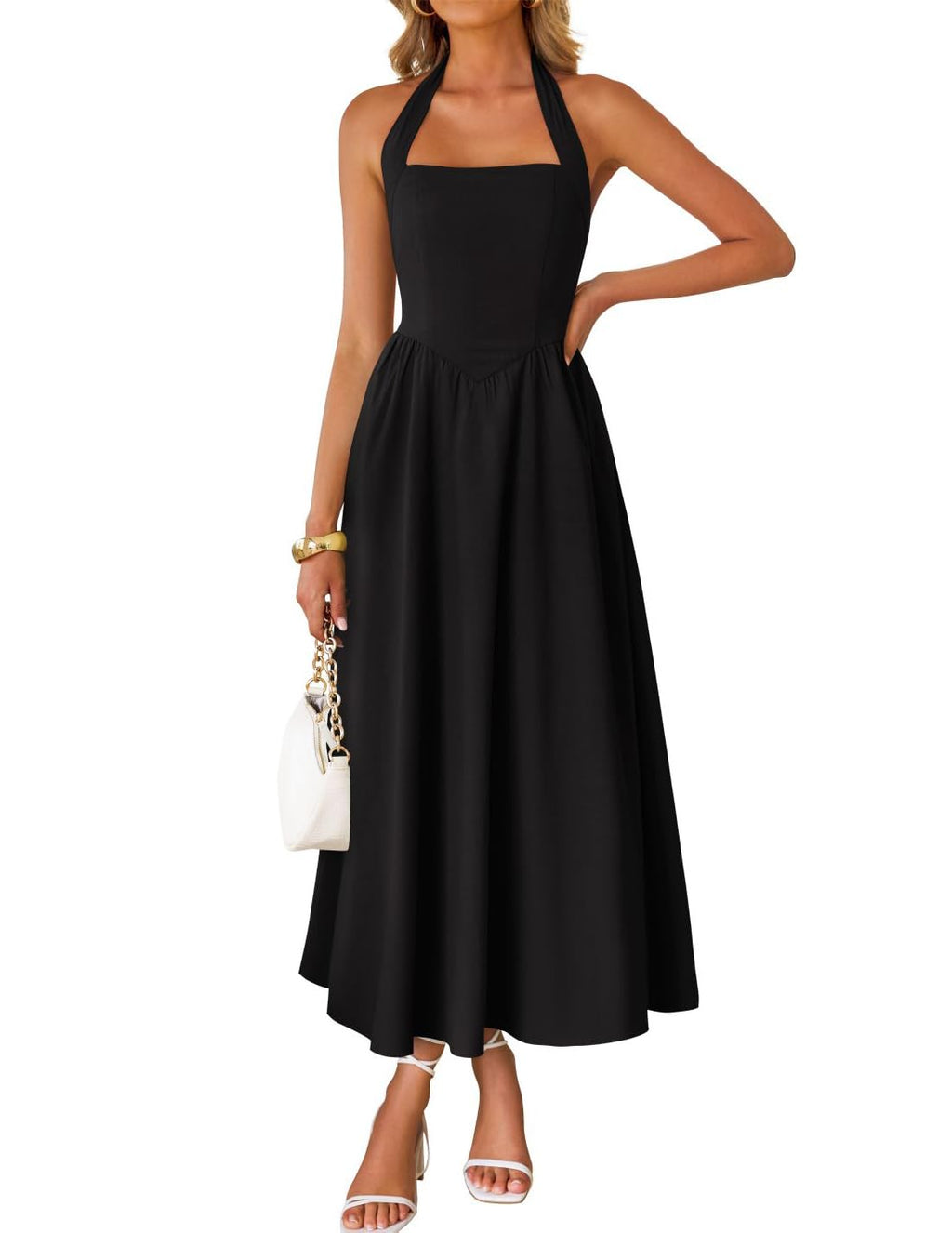 Women's Summer Sleeveless Halter Wedding Guest Maxi Dress | Off Shoulder, High Waist, Flowy A Line, Formal, Cocktail Party, Vacation Graduation, Bridal Shower, Beach, Long Sundresses