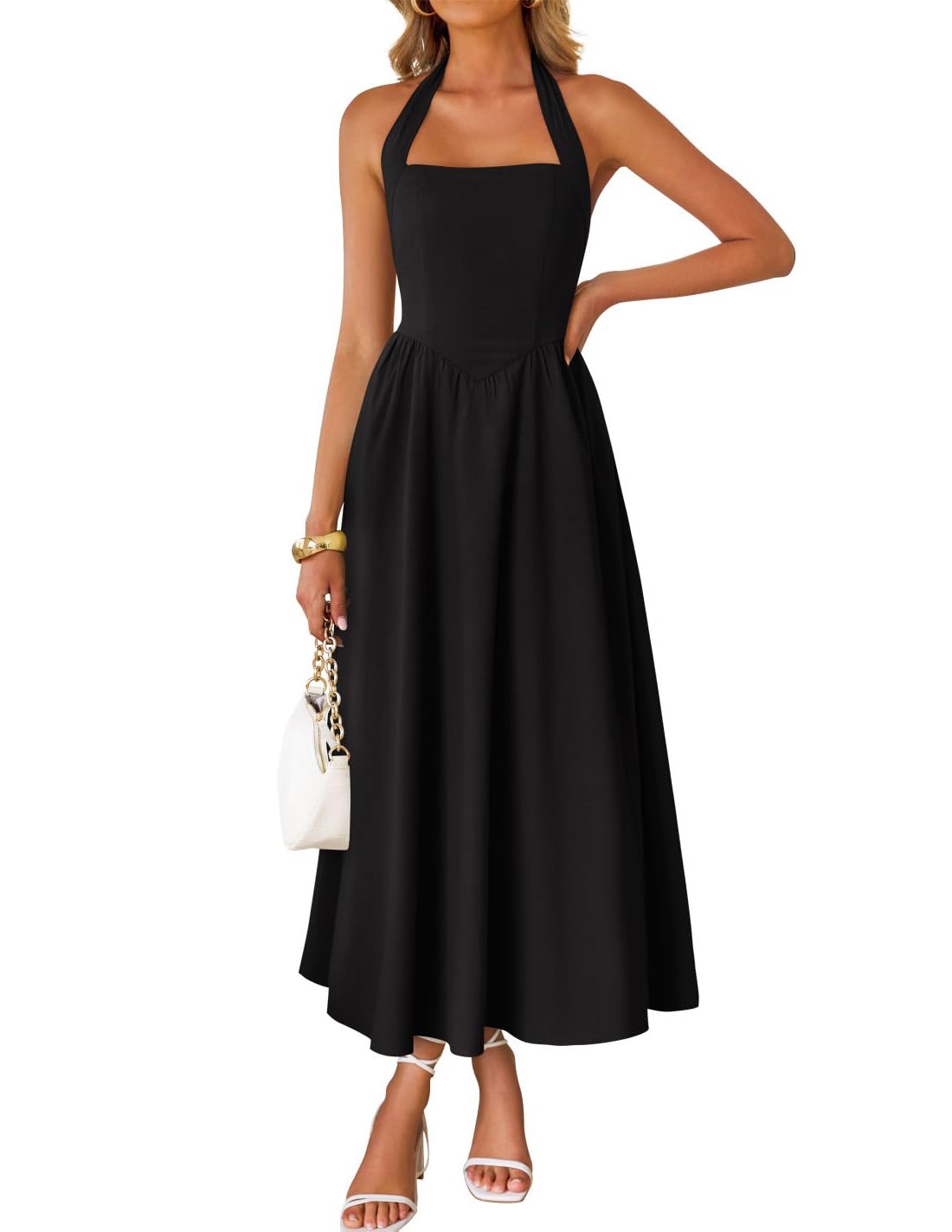 Women's Summer Sleeveless Halter Wedding Guest Maxi Dress | Off Shoulder, High Waist, Flowy A Line, Formal, Cocktail Party, Vacation Graduation, Bridal Shower, Beach, Long Sundresses