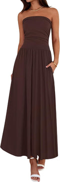Summer Maxi Dresses for Women Strapless Tube Top Dress | Sleeveless Ruched A Line Dresses Pockets, 2026 Trendy, Flowy Long Sundress, Beach Vacation Cocktail Party Wedding Guest Dress