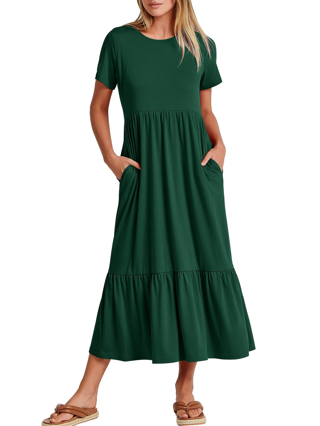 Womens 2026 Summer Casual Maxi Dress A line Tiered Flowy Short Sleeve Crewneck T Shirt Beach Travel Long Dresses