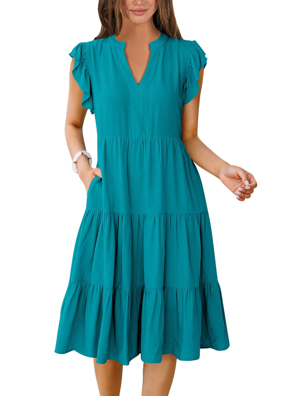 Womens Summer Dress Ruffle Sleeve V Neck Midi Dresses Fashion Casual Fit Flowy Tiered Boho Beach Vacation Sundress