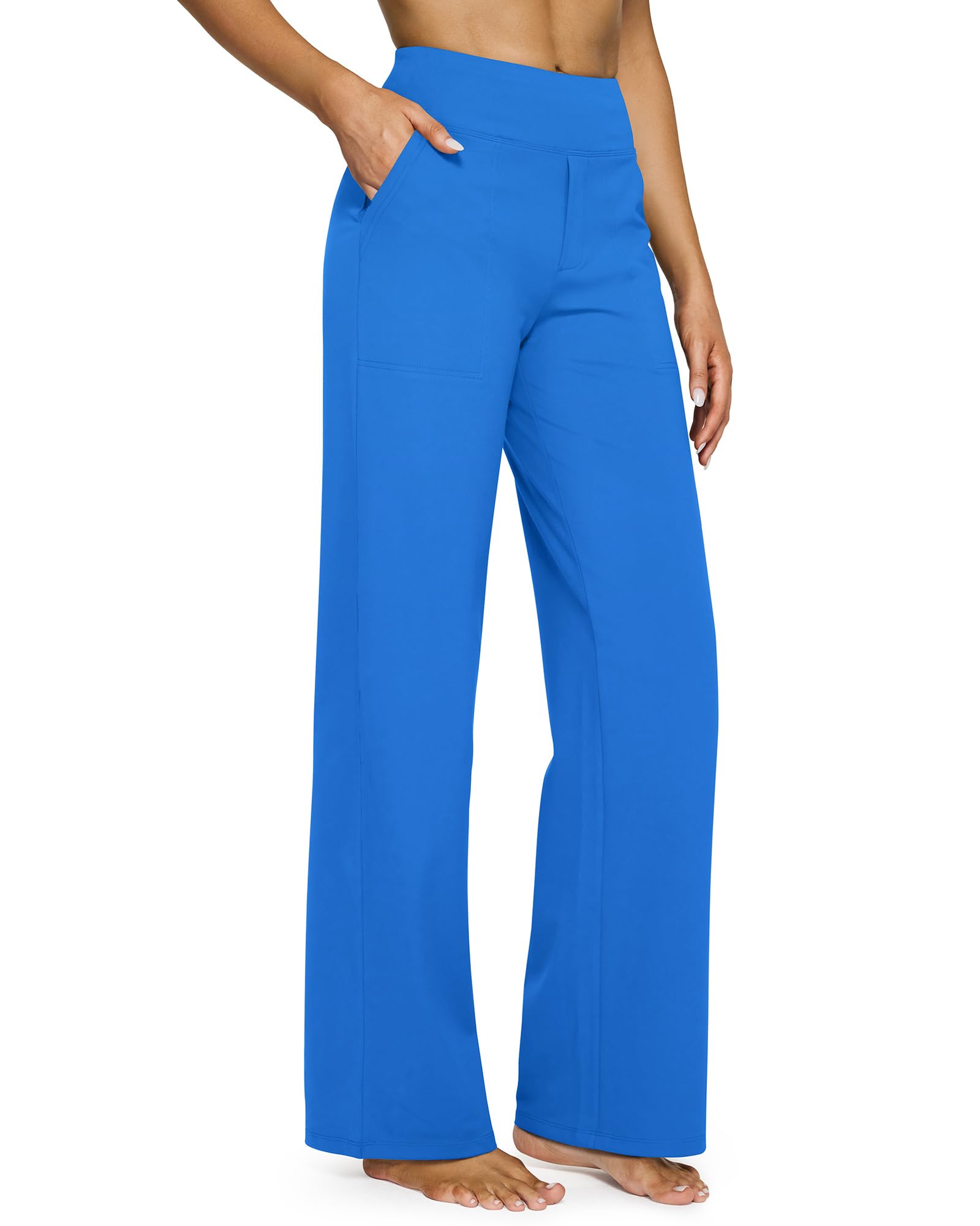 Yoga Pants for Women Wide Leg Pants with Pockets High Waisted | Moisture Wicking, Soft Comfortable Feel, 4-Way Stretch, Faux Fly, Faux Back Pockets, Yoga, Work & Casual Wear