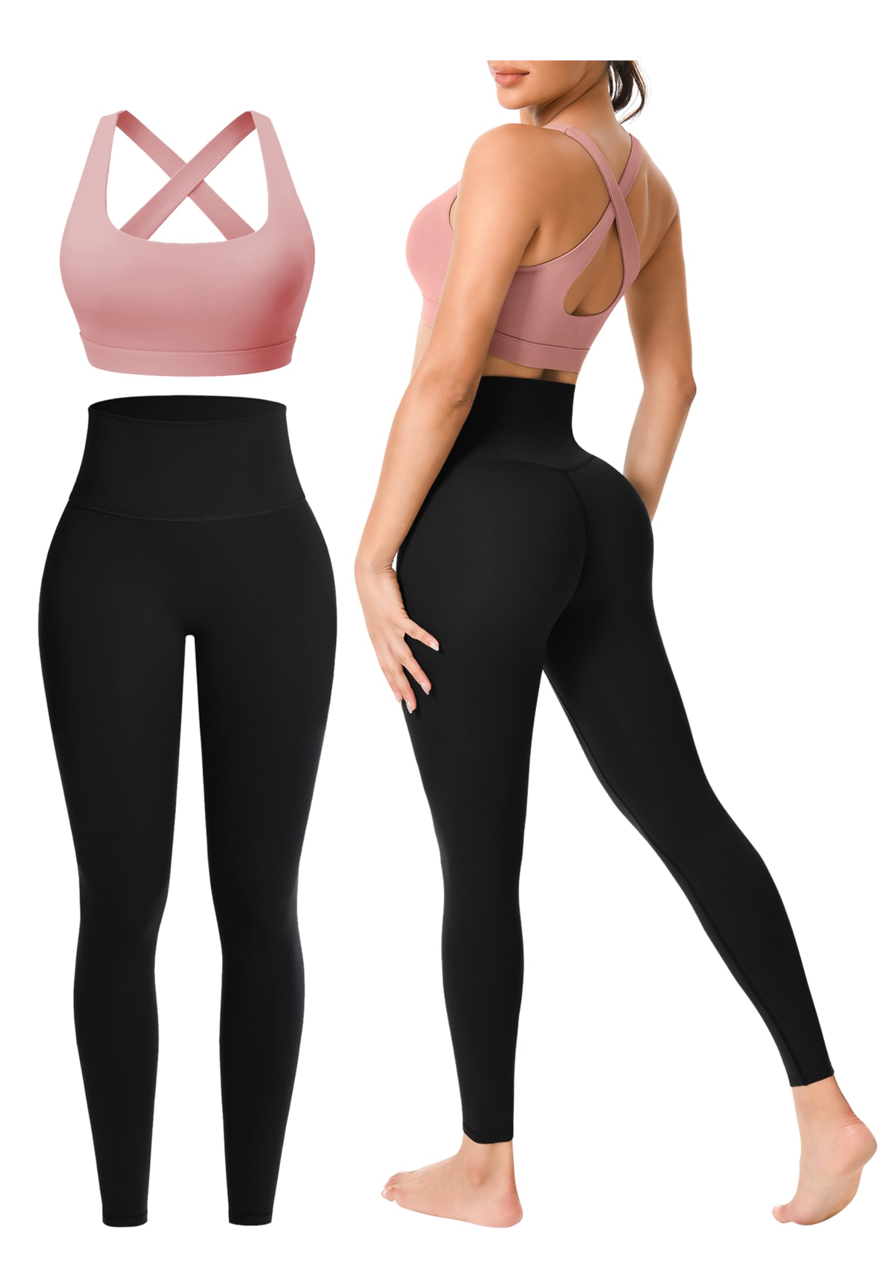 Workout Sets for Women 2 Pieces Seamless Yoga Legging Removable Bra Padding | Two Piece High-Waisted Butter Soft Activewear Plus Size Clothing Deportivo Para Mujer, Sports Supportive Cute Casual Clothes