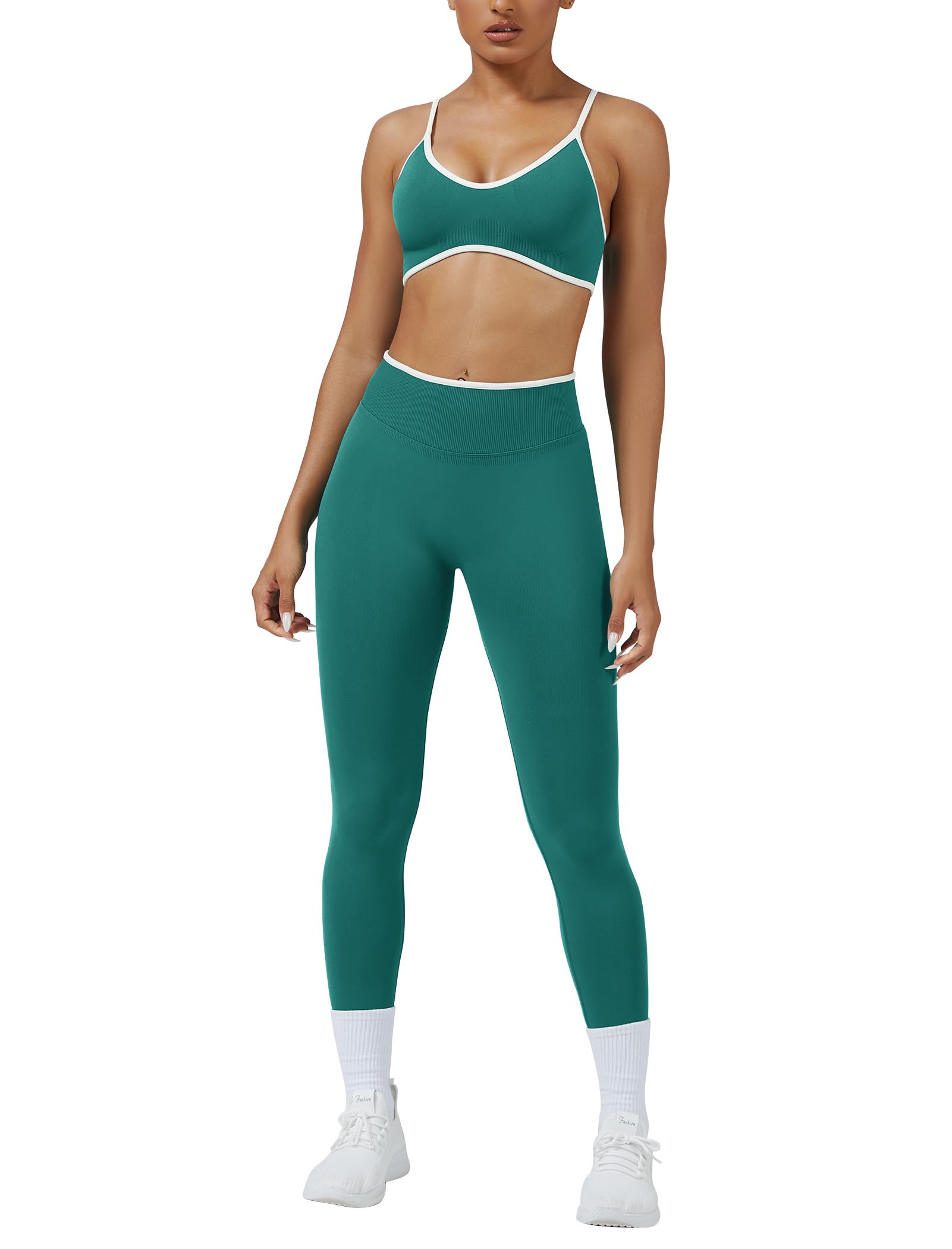 Womens 2 Piece Workout Sets Seamless Color Block Sports Bra Scrunch Butt Lifting High Waist Leggings Gym Set