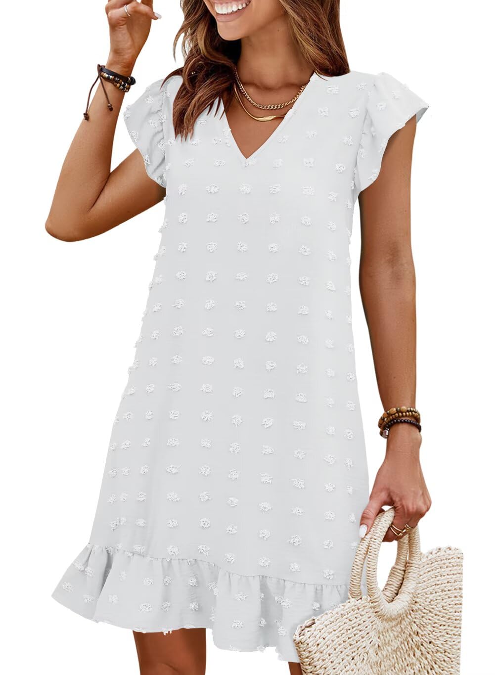 Summer Dresses for Women 2026 Beach Vacation Mini Sundress | Flutter Ruffle Cap Sleeves, V Neck, Ruffle Hem Shift Dress, Casual Loose Fit, Spring Wedding Guest Outfits