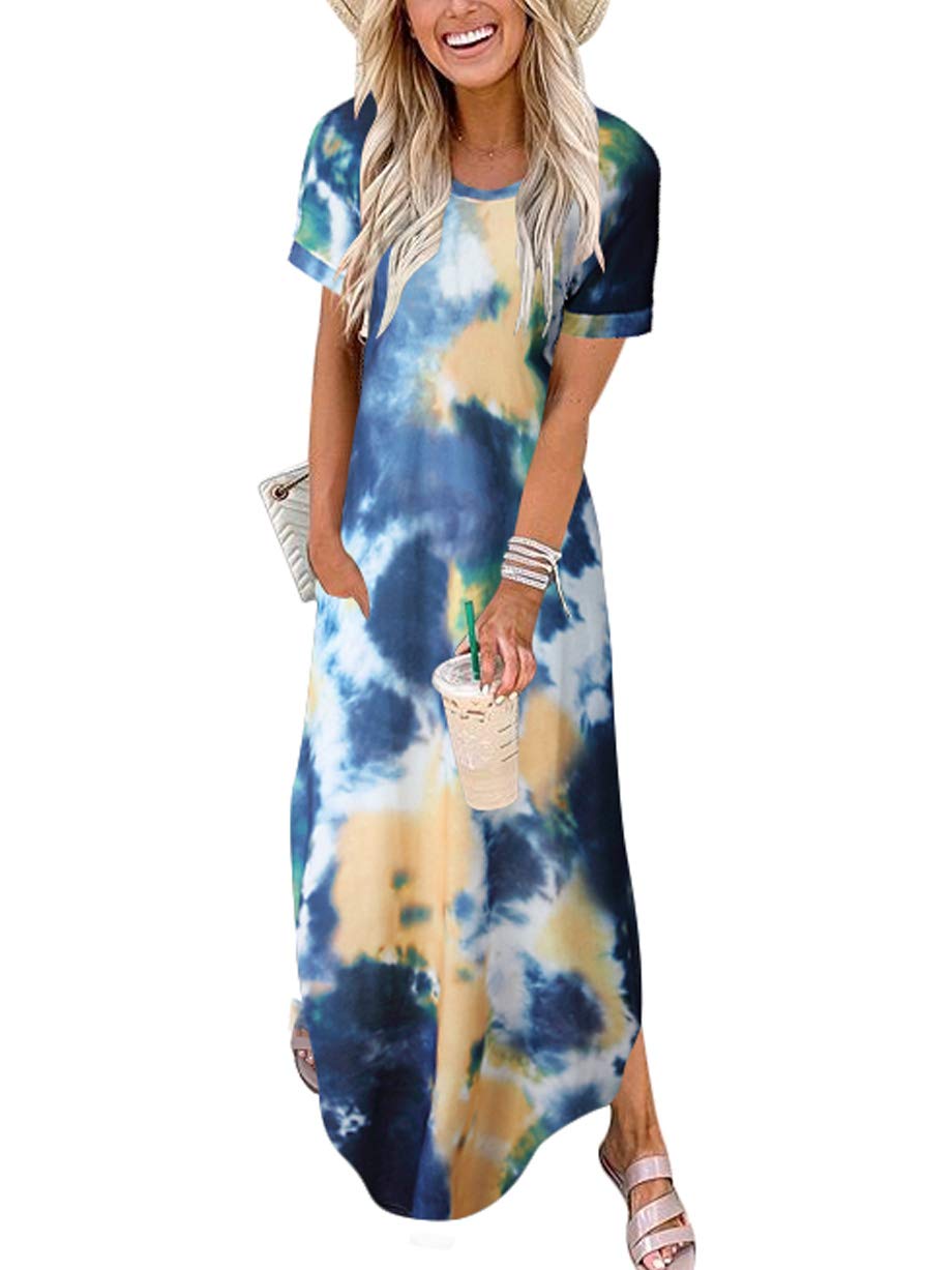Womens Summer Maxi Dress Short Sleeve Casual Loose Long T Shirt Dresses Split Vacation Beach Sundress Travel Outfits