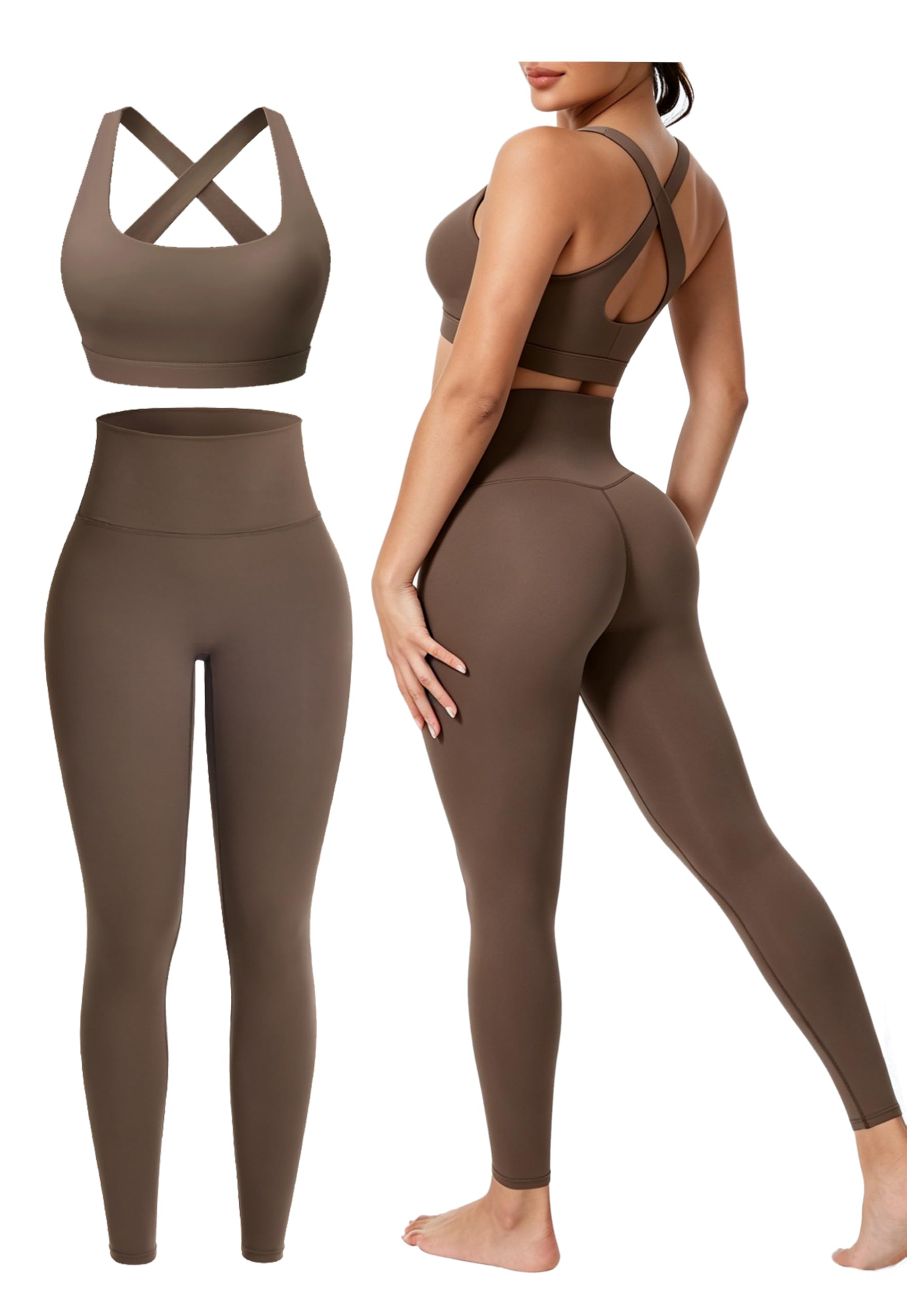 Workout Sets for Women 2 Pieces Seamless Yoga Legging Removable Bra Padding | Two Piece High-Waisted Butter Soft Activewear Plus Size Clothing Deportivo Para Mujer, Sports Supportive Cute Casual Clothes