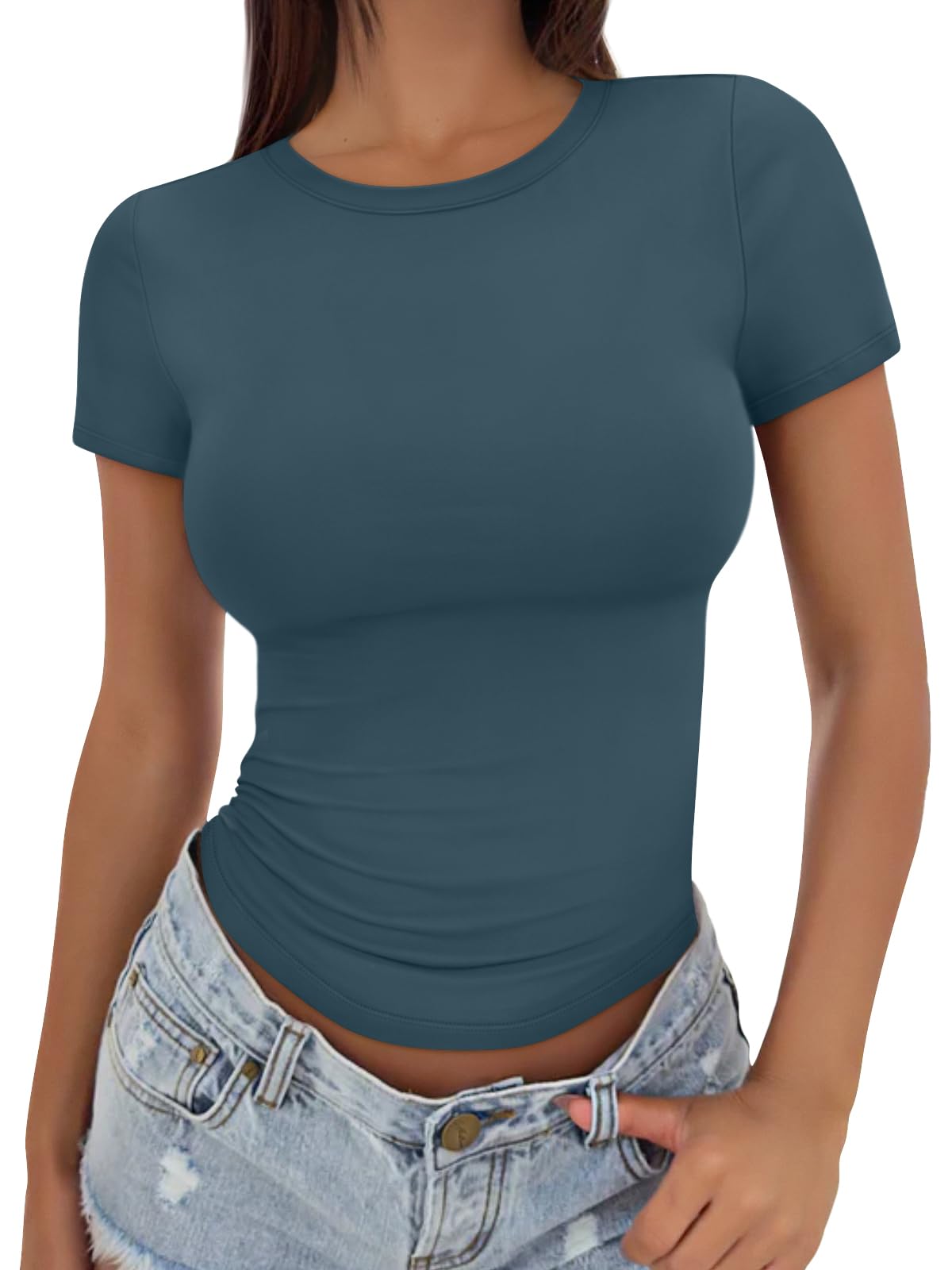 Womens Fitted Short Sleeve Shirt Buttery Soft Top Stretchy Tee | Crewneck Crop, Basic T, Workout Gym Outfits, Cute Summer, Y2k Going Out, Fashion Clothing, Compression Streetwear