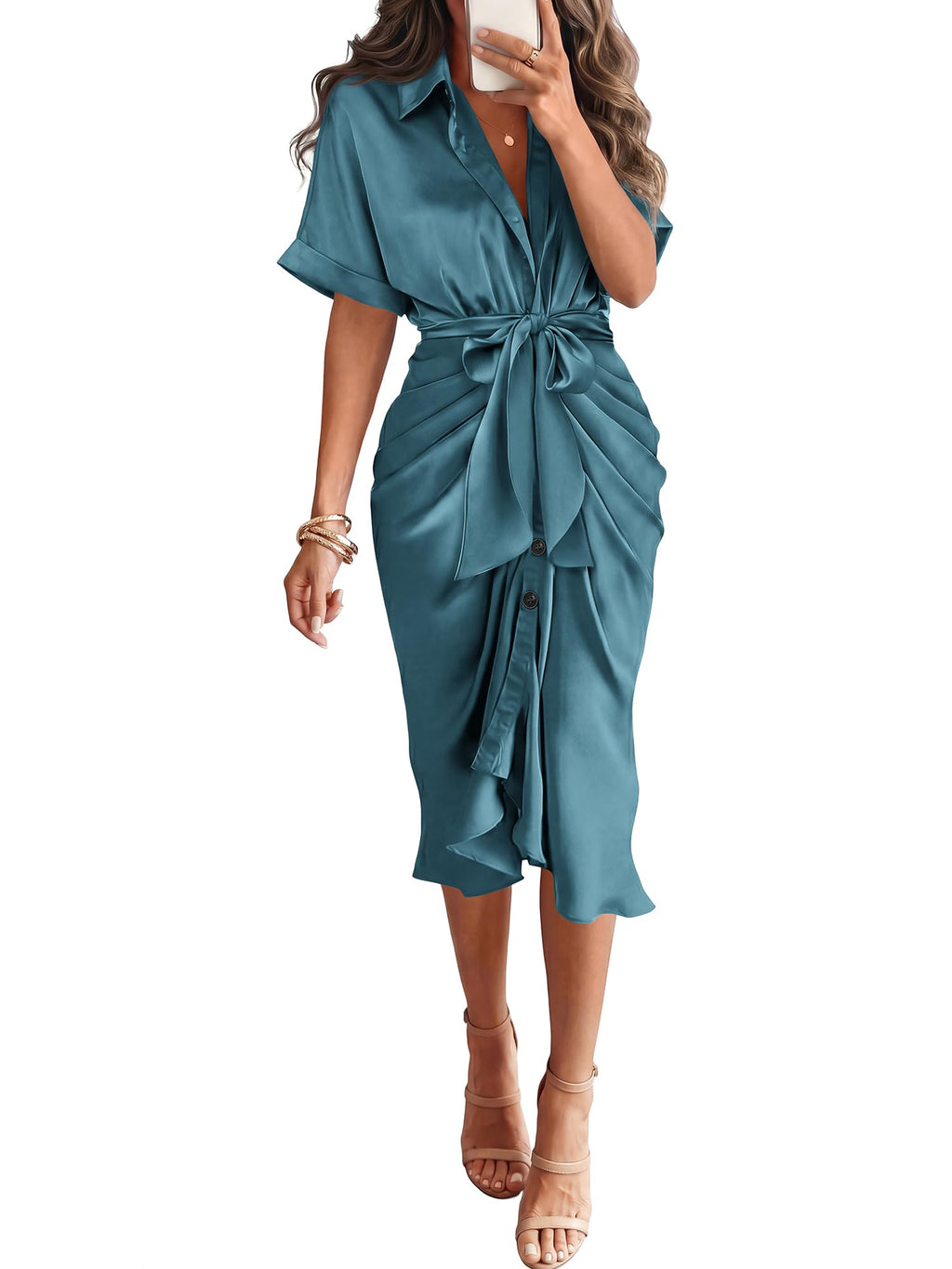 Dresses for Women Business Casual Outfits | Short Sleeve, Button Down, Lightweight, Silk Satin Dress, Ruched, Tie Waist, Cocktail, Party, Wedding Guest, Work Clothes