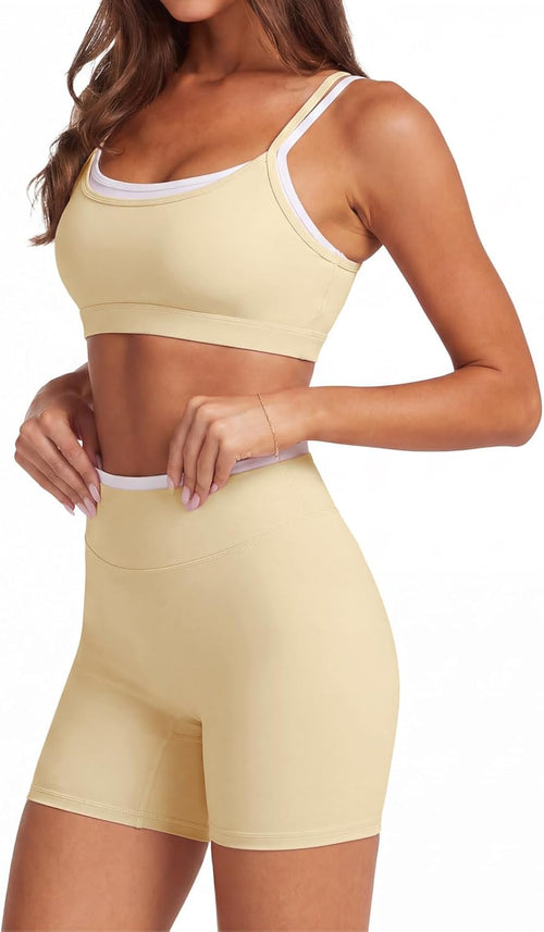 2 Piece Workout Sets Layered Sports Bra Yoga Gym Biker Shorts