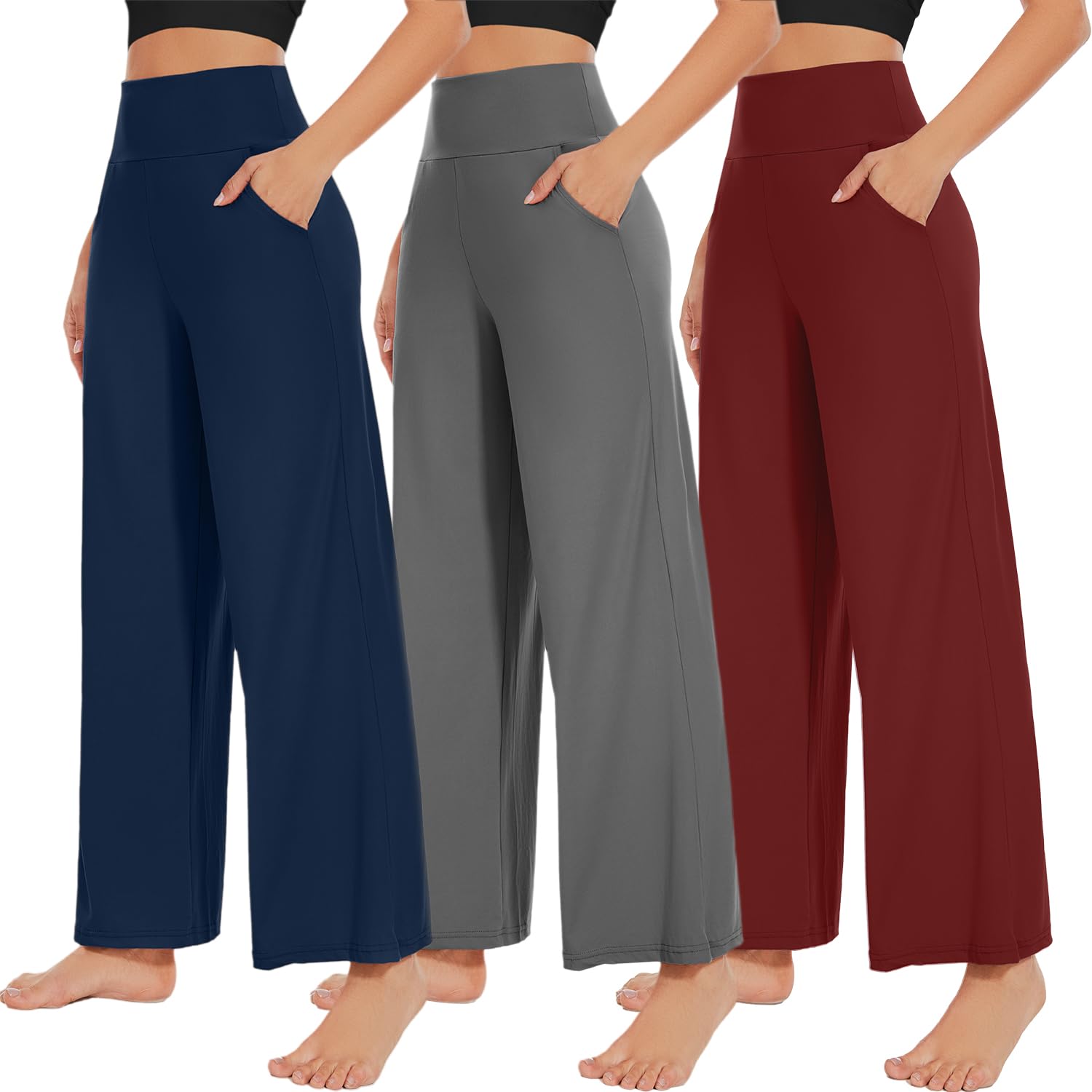 NEW Young 3 Pack Women's Wide Leg Pants with Pockets High Waist Loose Sweatpants Casual Lounge Yoga Workout Palazzo